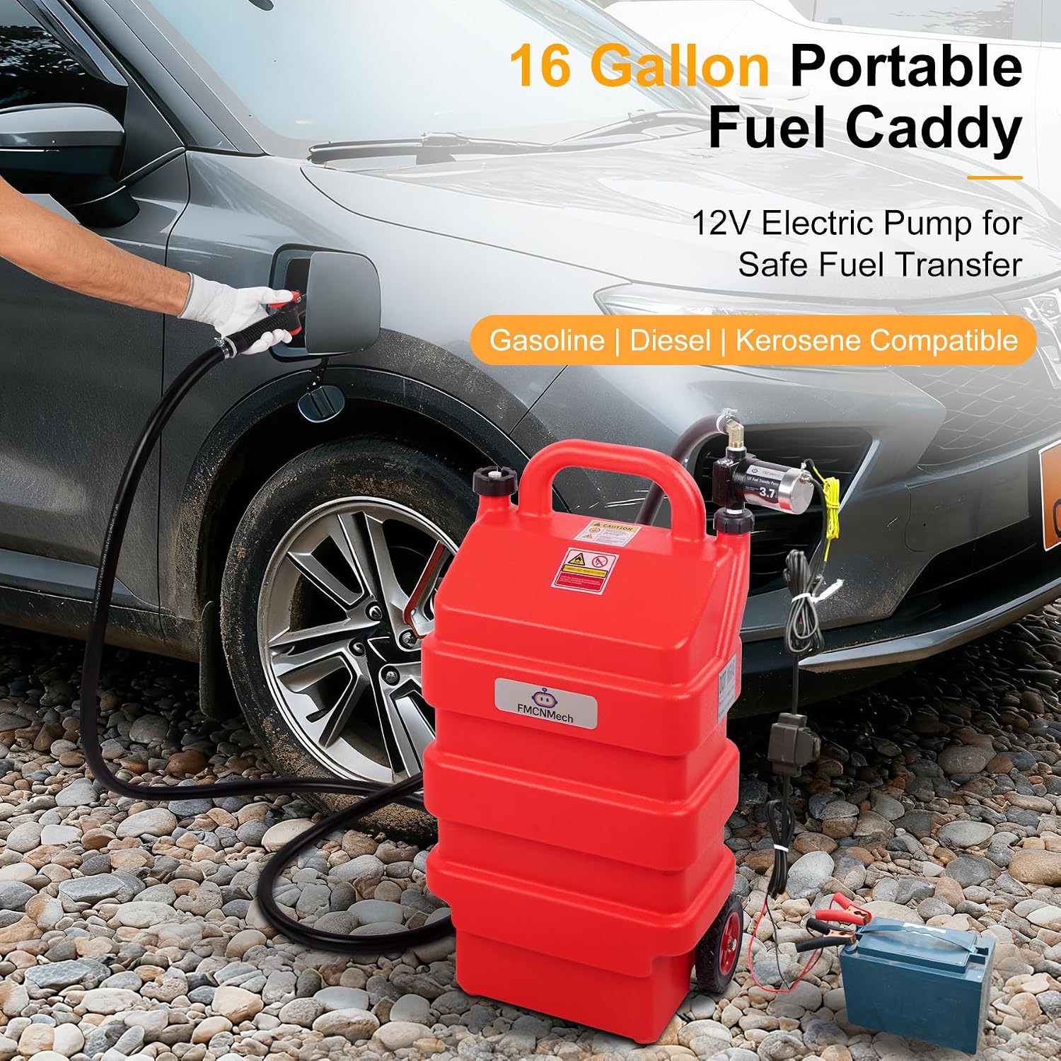 FMCNMech 16 Gallon Portable Fuel Caddy with 12V Electric Pump, Forward & Reverse Fuel Transfer Tank for Gasoline, Diesel, and Kerosene, HDPE Fuel Tank with Wheels for Pickup Trucks, Lawn Mowers, Tractors, ATVs, and Garage Use