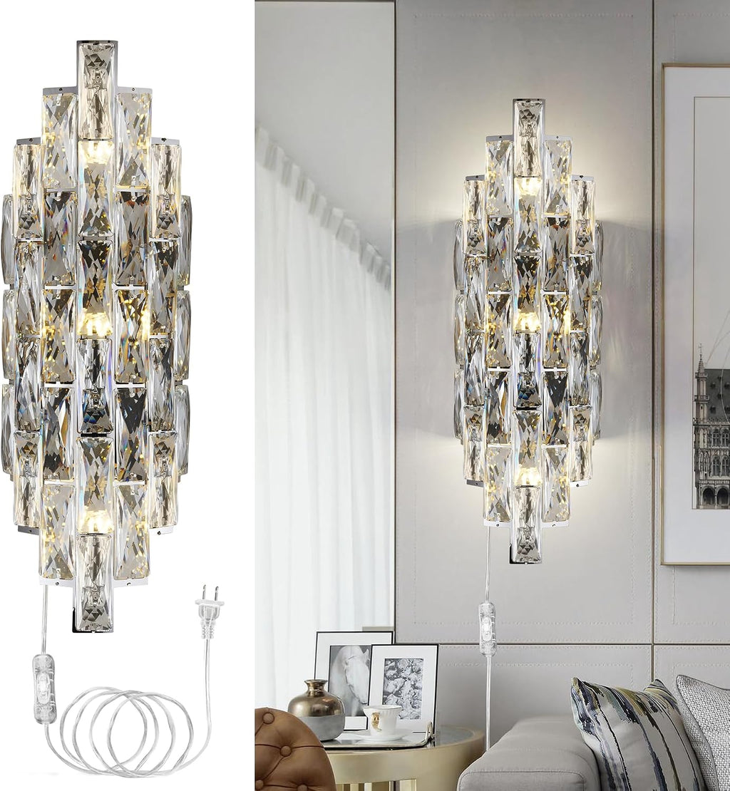 Modern Plug in Wall Sconce Crystal Wall Sconces Indoor Wall Lamp for Bedroom Chrome Light Fixture with Plug in Switch Vanity Wall Mount Lamps for Living Room Bedroom Bathroom Bedside Hallway
