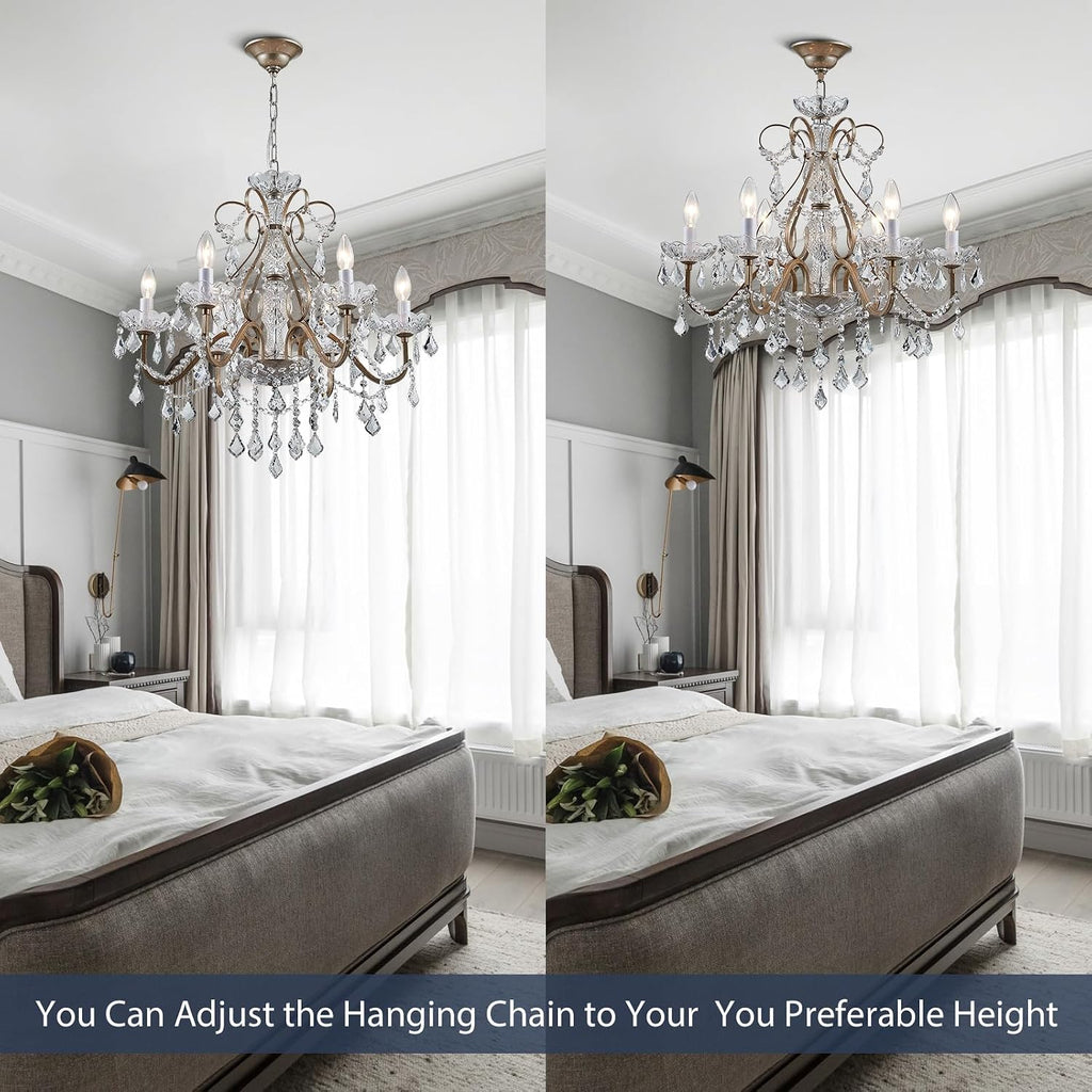 Bestier Antique Silver Vintage Candle Chandelier Crystal Lighting Fixture Lamp for Dining Room Bathroom Foyer Livingroom 6 E12 Bulbs Required D24 in x H26 in