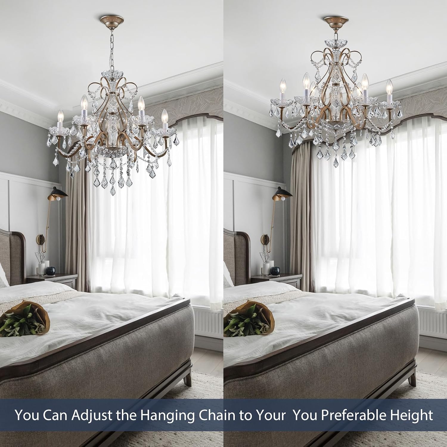 Bestier Antique Silver Vintage Candle Chandelier Crystal Lighting Fixture Lamp for Dining Room Bathroom Foyer Livingroom 6 E12 Bulbs Required D24 in x H26 in