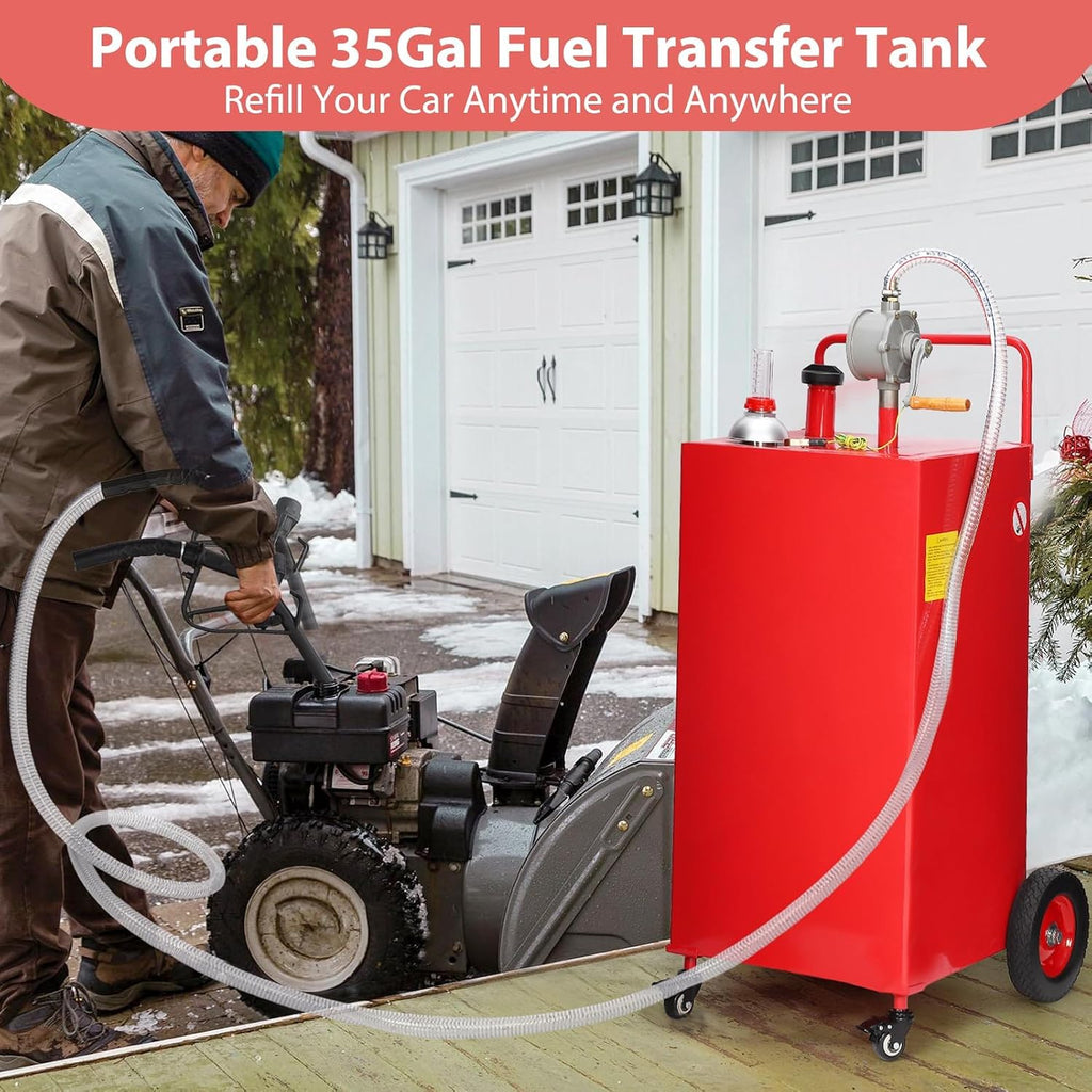 Portable Fuel Caddy with Manual Pump – 30 Gallon Gasoline & Diesel Transfer Tank, Mobile Fuel Storage for Lawn Mowers, Trucks, Boats, Farm Use