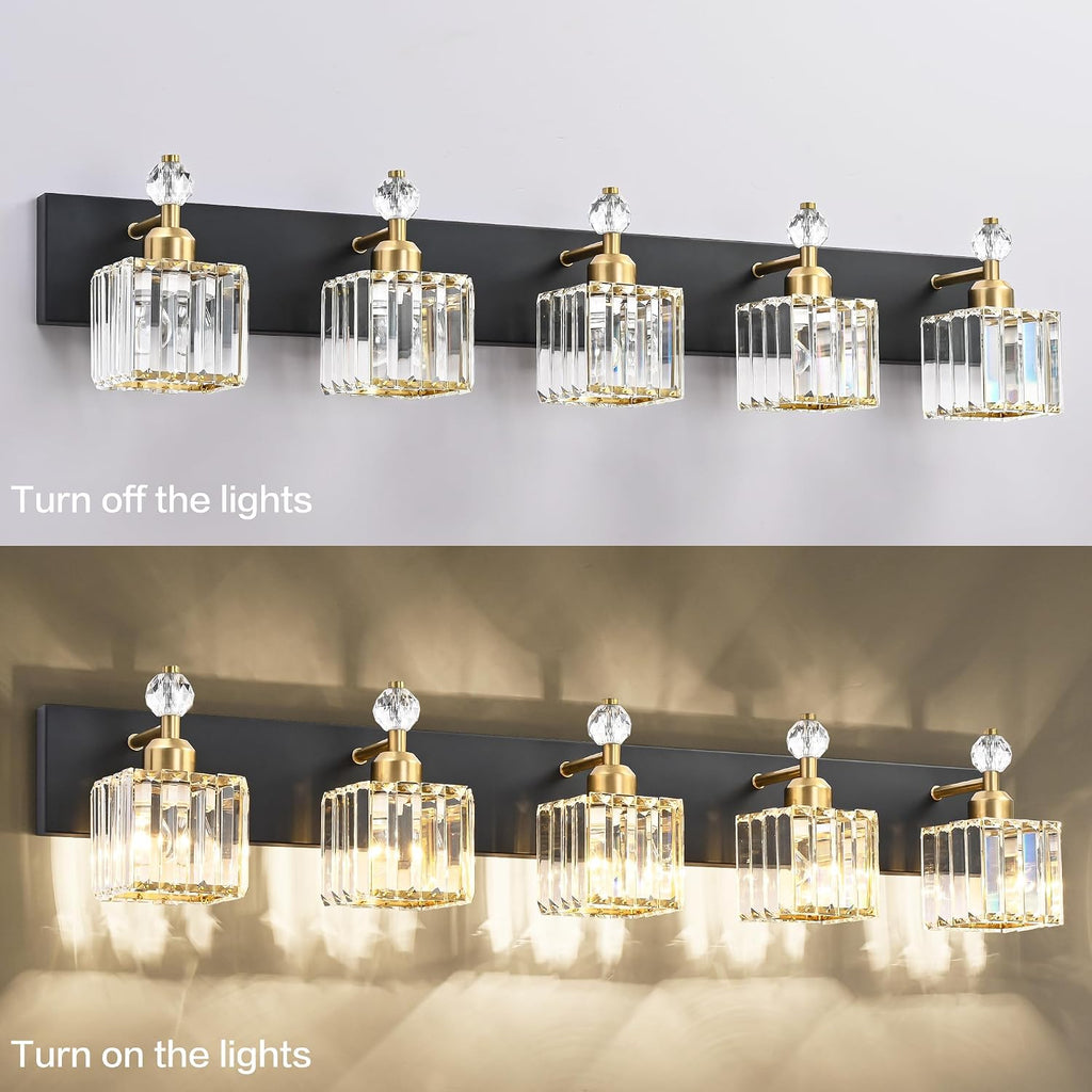 PRESDE Crystal 5 Light Bathroom Vanity Lights Modern Black and Gold Bathroom Lights Fixtures Over Mirror Modern Bath Wall Lighting
