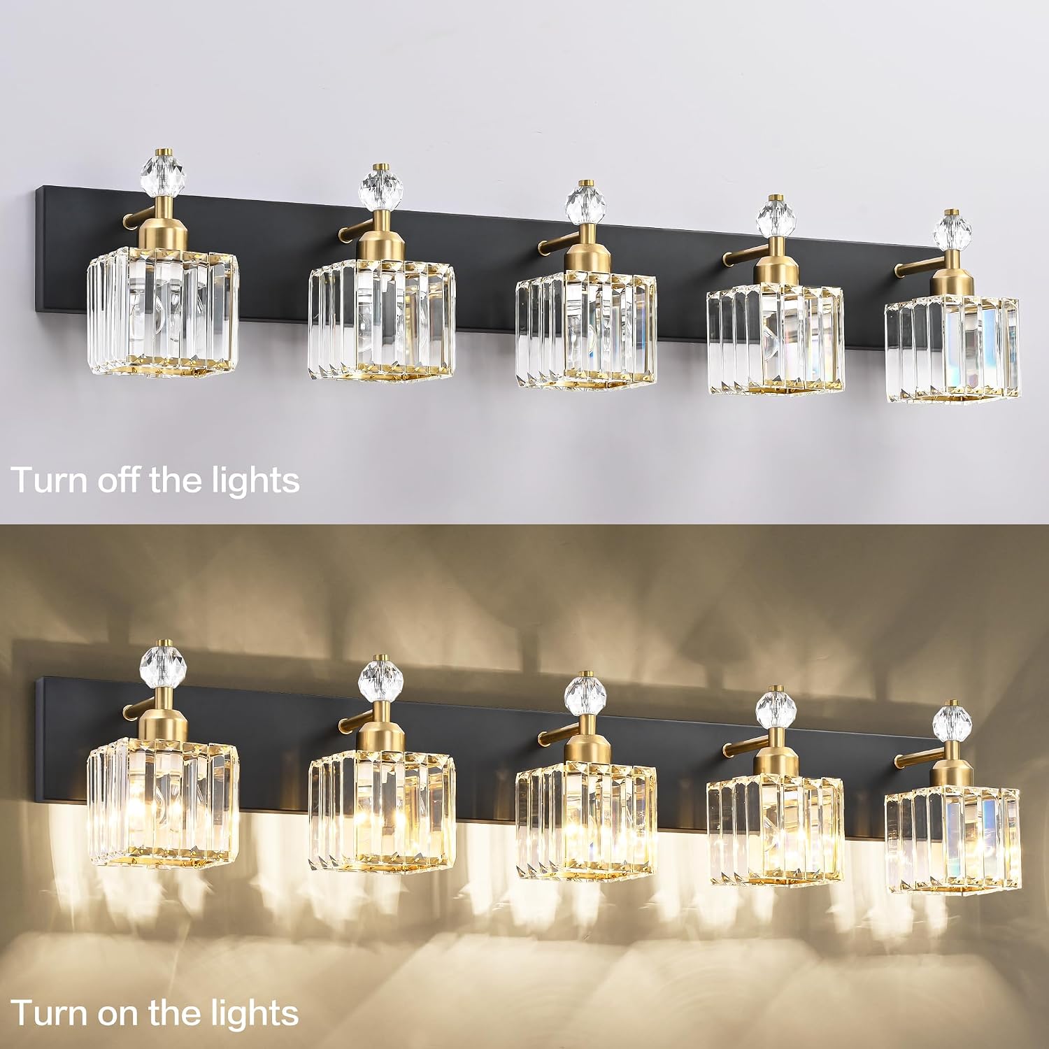 PRESDE Crystal 5 Light Bathroom Vanity Lights Modern Black and Gold Bathroom Lights Fixtures Over Mirror Modern Bath Wall Lighting