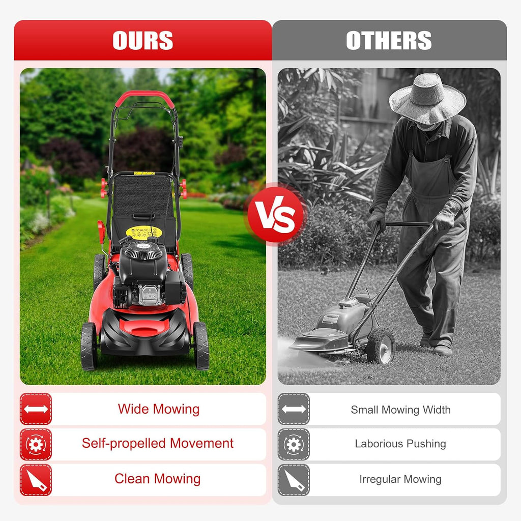 140cc Gas Powered Lawn Mower, Self-Propelled 3-in-1 with Bag, 20-Inch Cutting Deck, 4-Stroke Engine, 8 Adjustable Heights, Walk-Behind Lawn Mower or Medium to Large Yards
