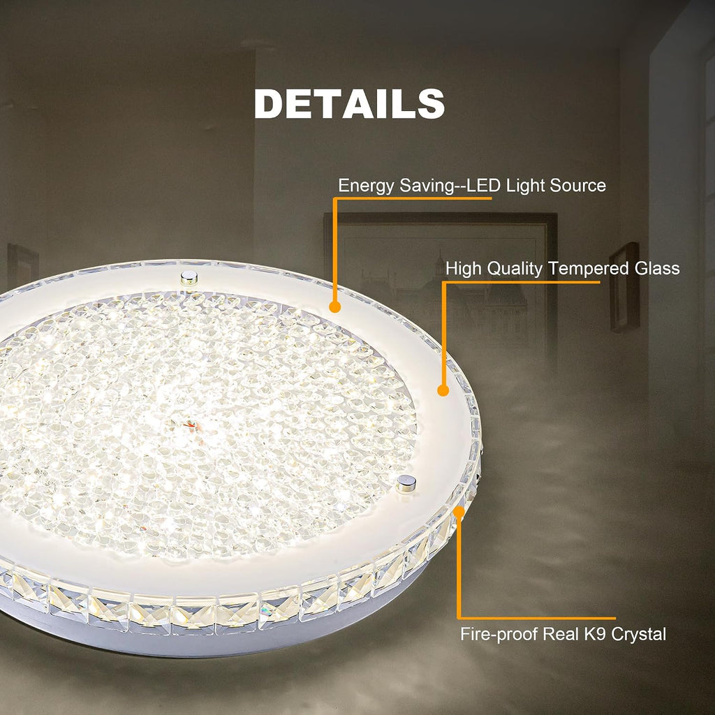 Crystal Ceiling Light Fixture LED Crystal Flush Mount Ceiling Light Dimmable LED Flush Mount Chandelier Light for Hallway, Bathroom, Laundry, Dining Room, Round, 4000K, 24W, 2640LM, 14'