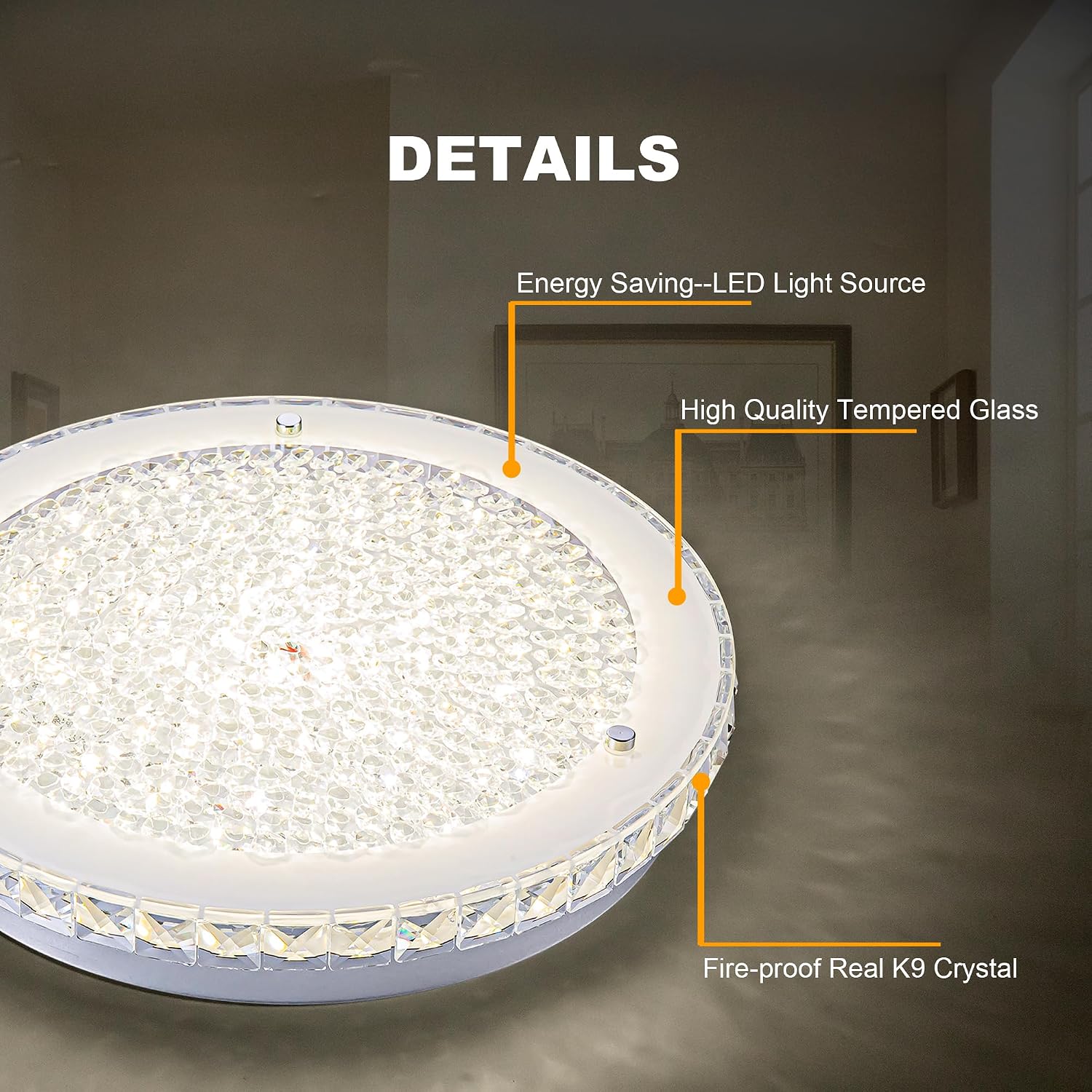 Crystal Ceiling Light Fixture LED Crystal Flush Mount Ceiling Light Dimmable LED Flush Mount Chandelier Light for Hallway, Bathroom, Laundry, Dining Room, Round, 4000K, 24W, 2640LM, 14'