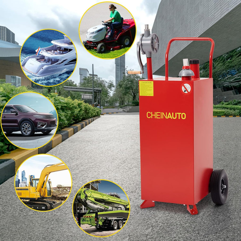 50 Gallon Fuel Caddy with Pump – Portable Gasoline & Diesel Storage Tank with Wheels, Manual Fuel Transfer Can for Cars, Trucks, Boats, Motorcycles, Lawn Mowers & ATVs – Red