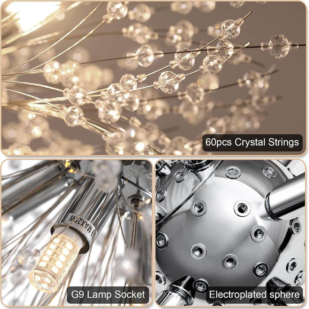 Lingkai 19.9' Chrome Modern Crystal Chandeliers Firework, Bubble Chandelier Lighting for Bathroom Dining Room Bedroom Kitchen Island Living Room Light Fixture, 9-Light Chrome Hanging Round Chandalier