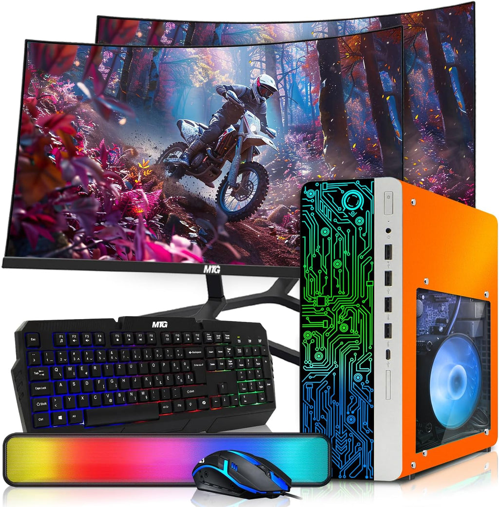 HP Desktop Computer PC Phoenix AMD A10-9700, 16GB RAM, 512GB SSD, Dual 27 Inch Curved Monitor, RGB KBM with AI Copilot, WiFi, RGB Soundbar, Windows 11 (Renewed)