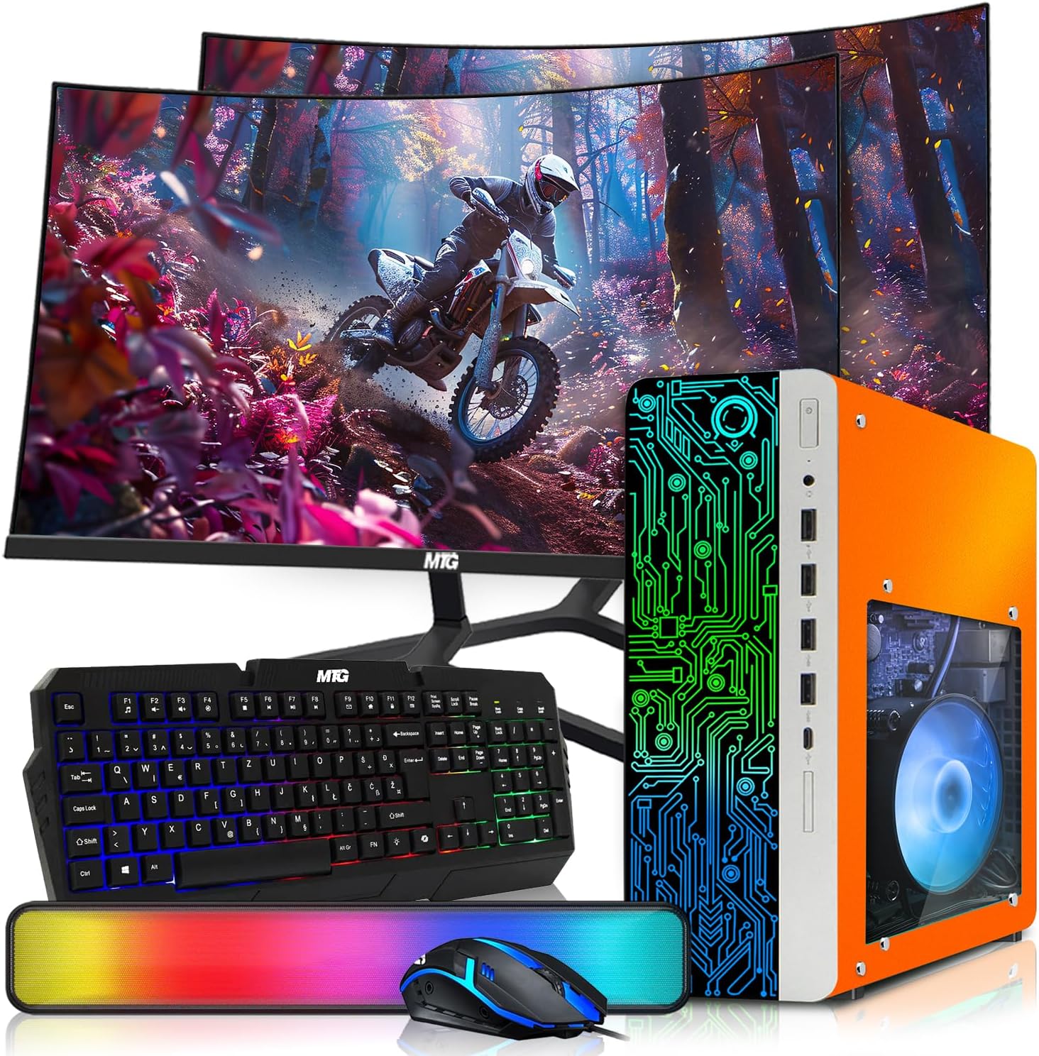 HP Desktop Computer PC Phoenix AMD A10-9700, 16GB RAM, 512GB SSD, Dual 27 Inch Curved Monitor, RGB KBM with AI Copilot, WiFi, RGB Soundbar, Windows 11 (Renewed)