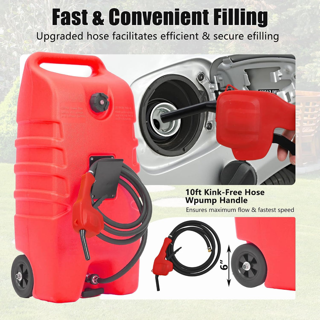 Garvee 14 gal Portable Fuel Tank, Red Fuel Storage Container with Manual Siphon Pump & 10 ft Hose, Gasoline Diesel Caddy with Wheels, Fuel Transfer Tank for Car, ATV, Boat, Lawn Mower, Generator