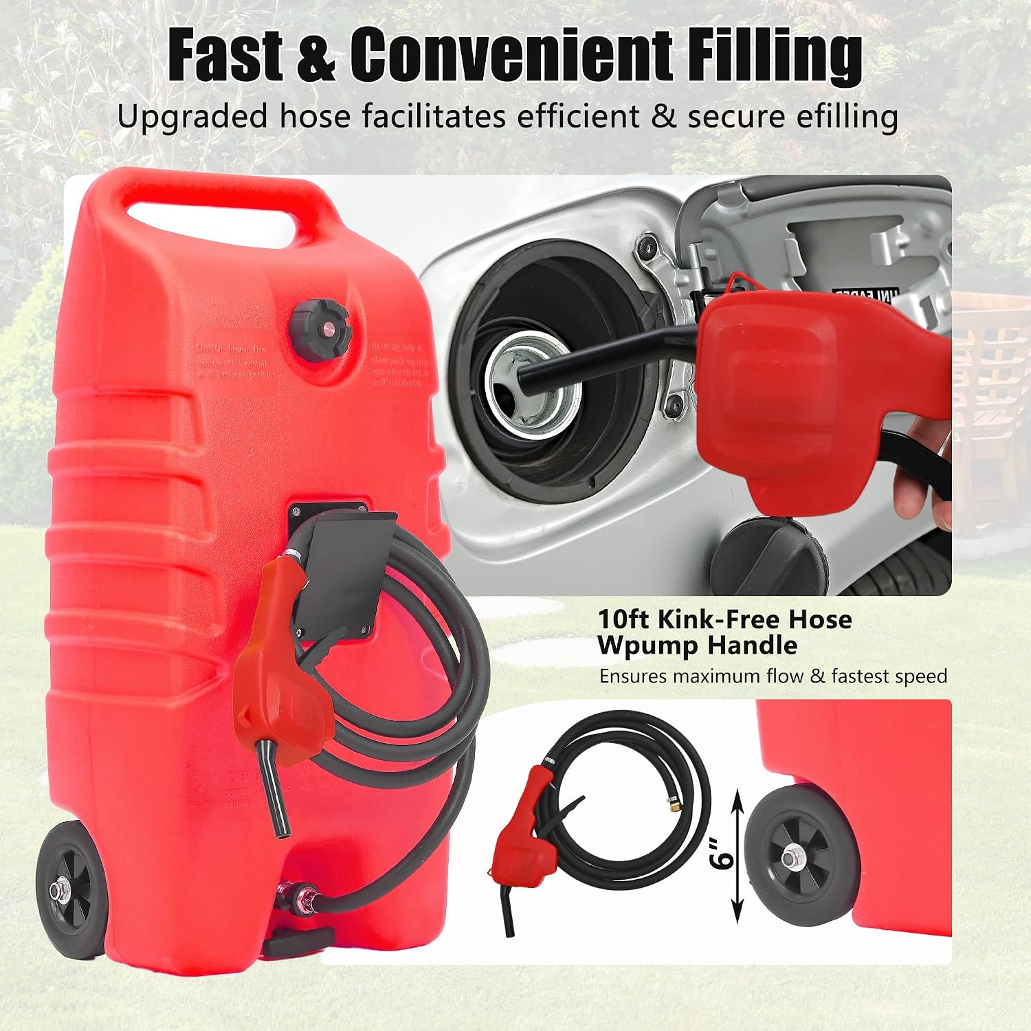 Garvee 14 gal Portable Fuel Tank, Red Fuel Storage Container with Manual Siphon Pump & 10 ft Hose, Gasoline Diesel Caddy with Wheels, Fuel Transfer Tank for Car, ATV, Boat, Lawn Mower, Generator