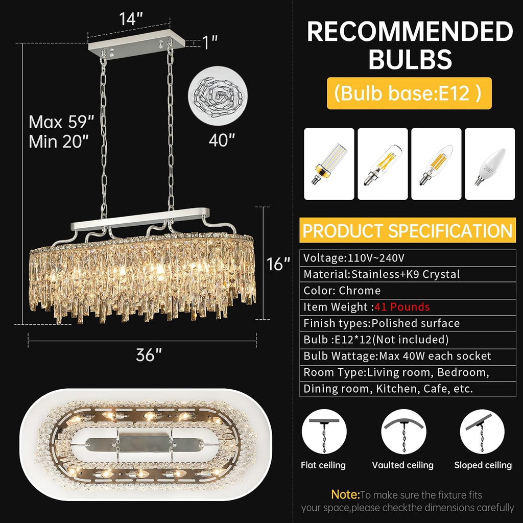 12-Lights Modern Luxury Crystal Chandeliers for Dining Room Light Fixtures Over Table | L36 Chrome Crystal Kitchen Island Lighting | Oval Hanging Chandeliers for Living Room Kitchen Bathroom