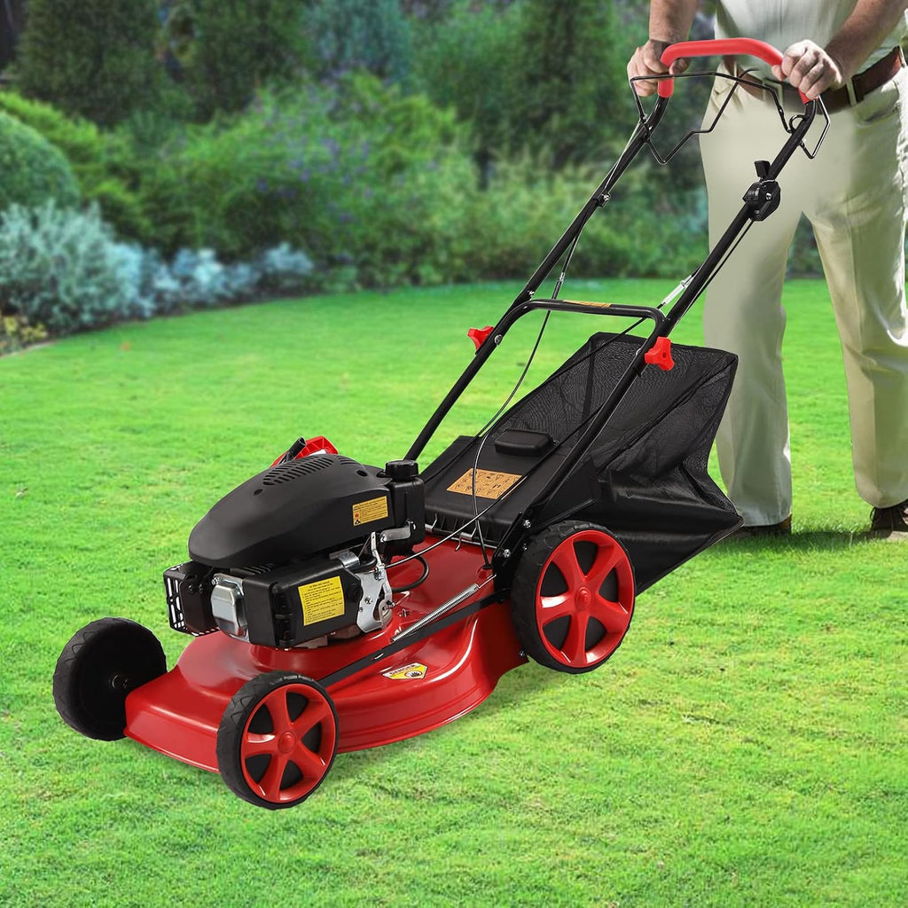 20-inch Gas Push Lawn Mower 173CC Walk Behind Push Lawn Mower 4-Stroke Gas Powered Lawn Mower with 8-Position Height Adjustment and 60L Collection Bag for Almost All Lawn Mowing 2800rpm