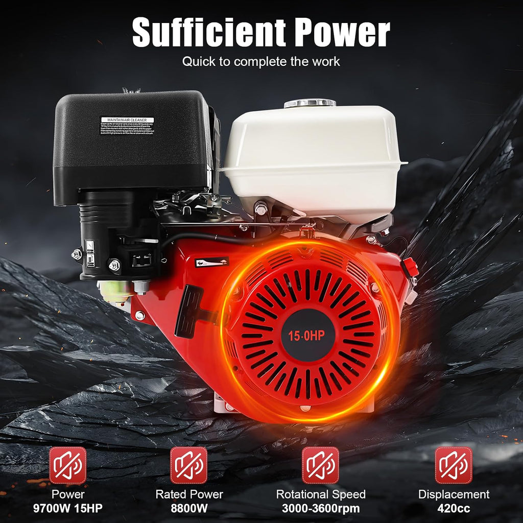 420CC Gasoline Powered Go Kart Motor, 15HP 4-Stroke Gas Engine OHV Horizontal Go Kart Motor 3000-3600RPM Mini Bike Engine with Recoil Start and Air Cooling for Water Pumps Vibrators Generators