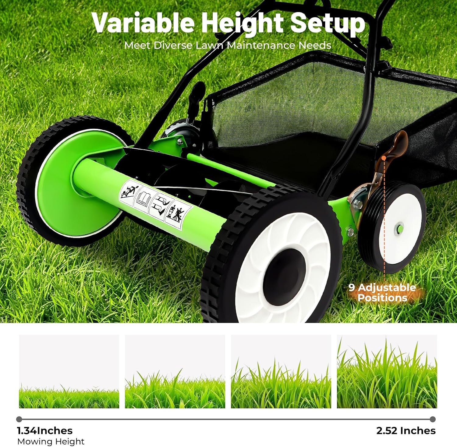Push Reel Lawn Mower 16 inch, 5 Blades Manual Push Mower with Grass Catcher Bag, 1.34-2.52 in Adjustable Cutting Height for Small Medium Lawns, Yards, Driveways