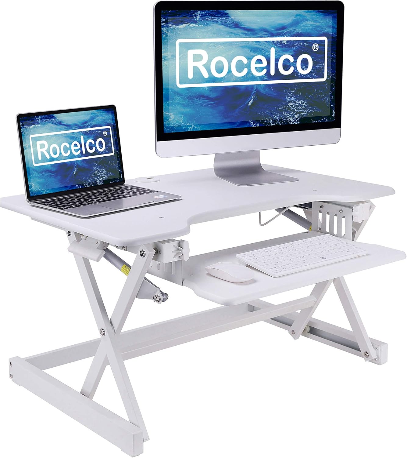 Rocelco 32' Height Adjustable Standing Desk Converter - Sit Stand Computer Workstation Riser - Dual Monitor Retractable Keyboard Tray Gas Spring Assist - Black (R EADRW)