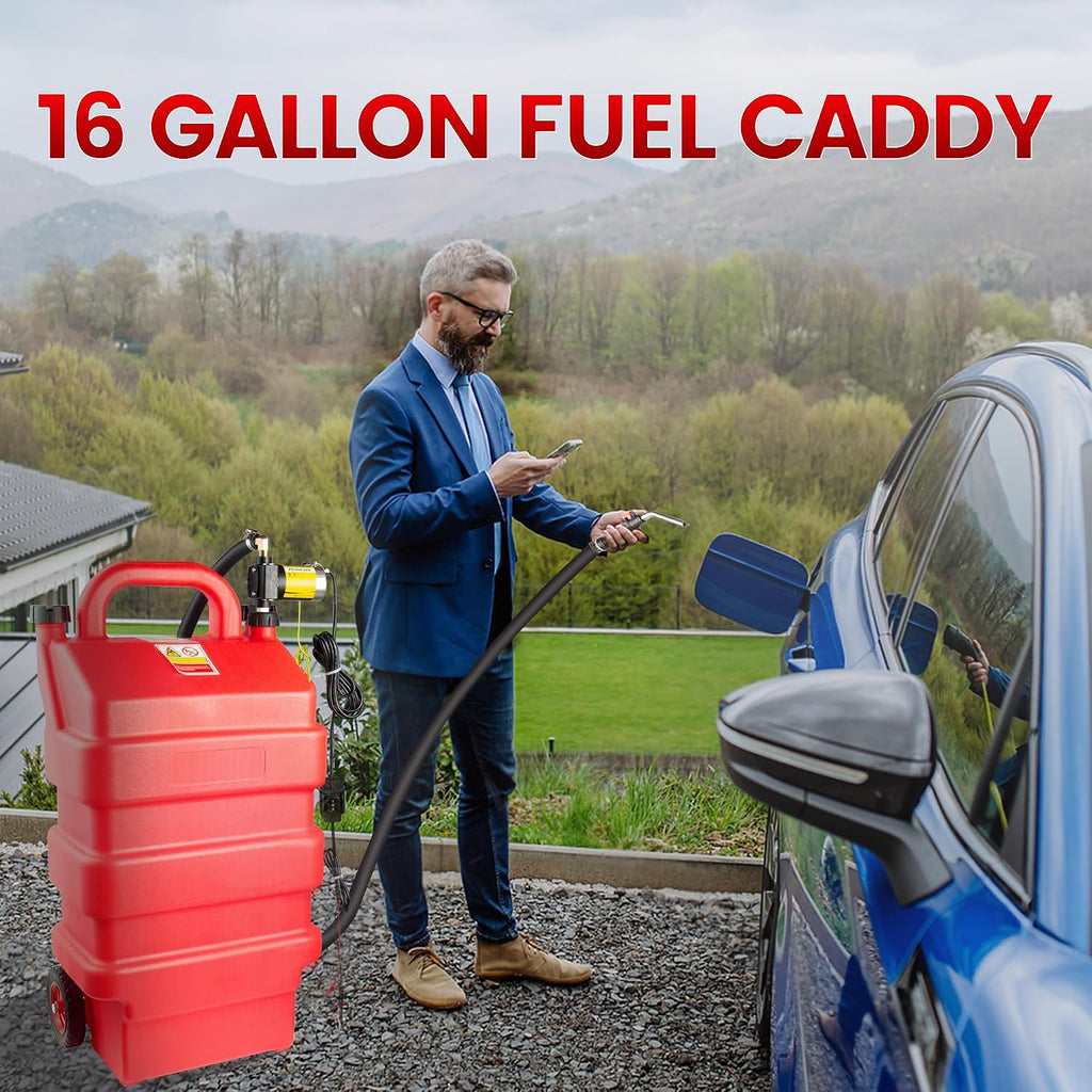16 Gallon Fuel Caddy 2 Pack, 60L Fuel Transfer Caddy with 12V DC Pump and Wheels, Gas Caddy with Self-priming Transfer Pump, Gasoline Diesel Fuel Transfer for Cars, Lawn Mowers, ATVs, Boats & More (Pack of 2)