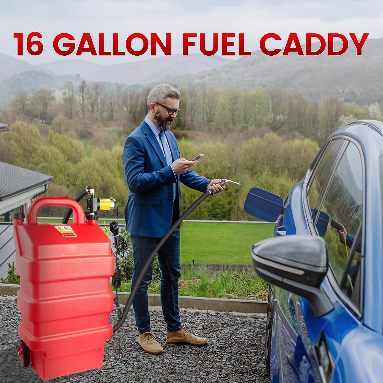 16 Gallon Fuel Caddy 2 Pack, 60L Fuel Transfer Caddy with 12V DC Pump and Wheels, Gas Caddy with Self-priming Transfer Pump, Gasoline Diesel Fuel Transfer for Cars, Lawn Mowers, ATVs, Boats & More (Pack of 2)