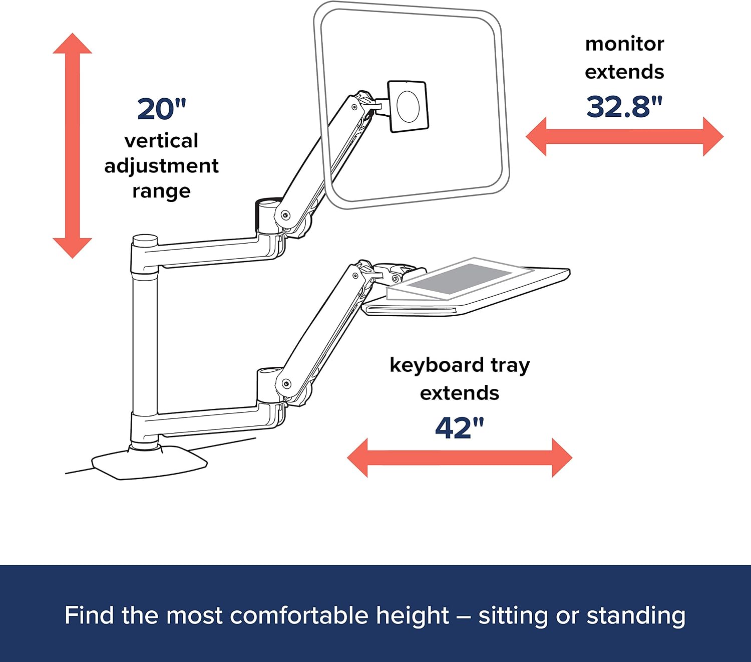 Ergotron – WorkFit-LX Sit-Stand Single Monitor and Keyboard Arm, VESA Desk Mount – for Monitors Up to 42 Inches, 7 to 25 lbs – Polished Aluminum