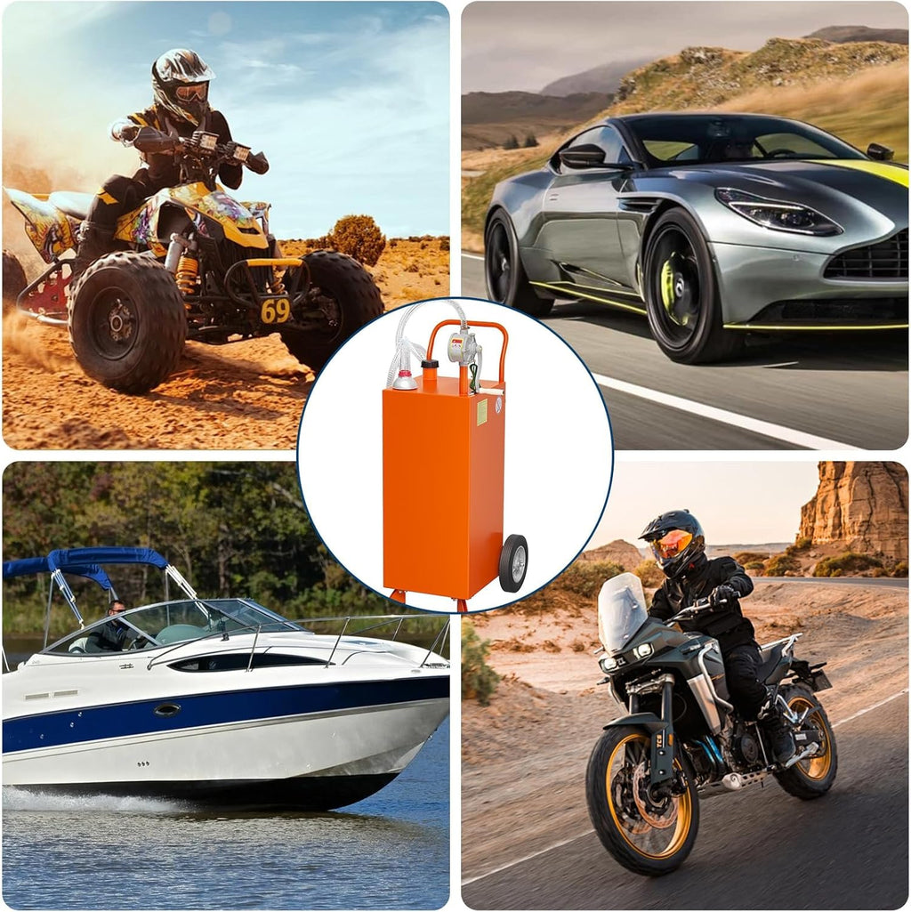 35 Gallon Fuel Caddy with Transfer Pump - Gas and Diesel Holding Tank for Automobiles, Lawn Mowers, ATVs, Boats & Recreational Vehicles, Orange
