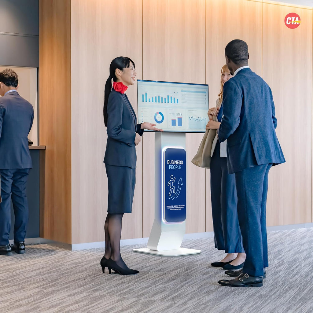 Brandable Kiosk Floor Stand for Displays – with Custom Branding Panel & LED Lights VESA 75x75 100x100 Monitor TV Tablet Displays – Lockable Secure (ADD-VFSKLED)