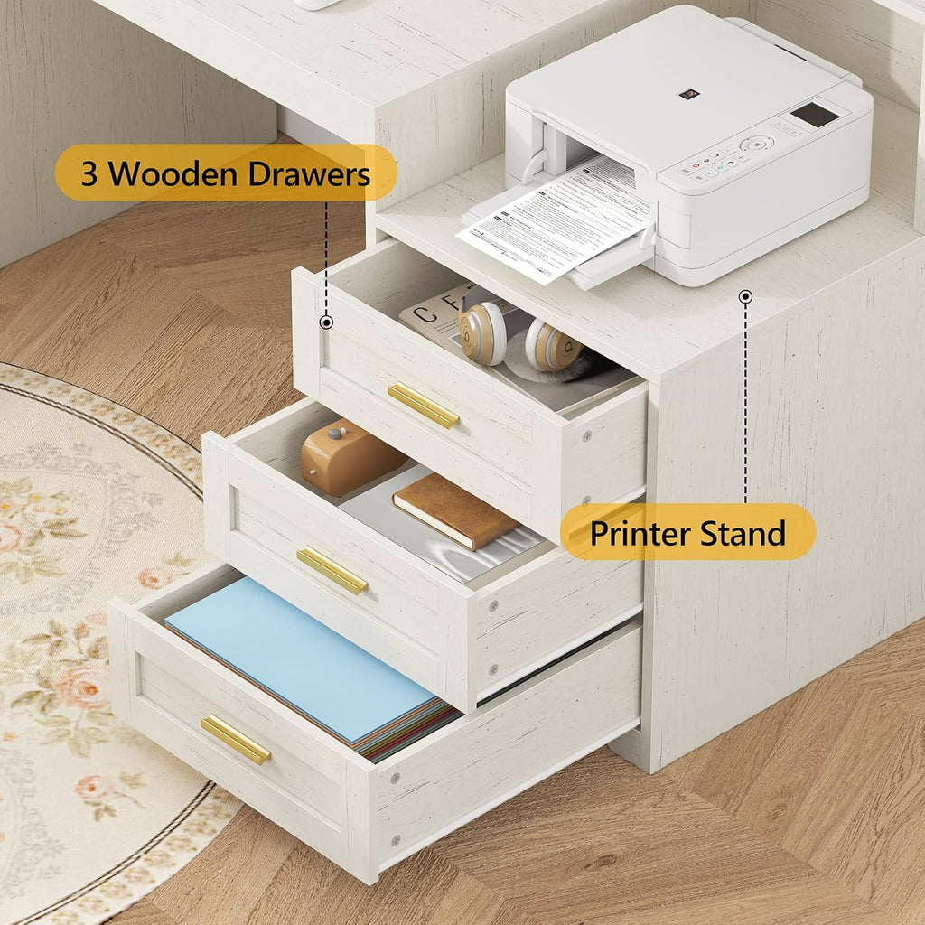 TVU Farmhouse Computer Desk with Drawers, 65'' Home Office Desk with Power Outlets, Storage Cabinet and Printer Stand, Study Writing Desks with Long Monitor Stand, White