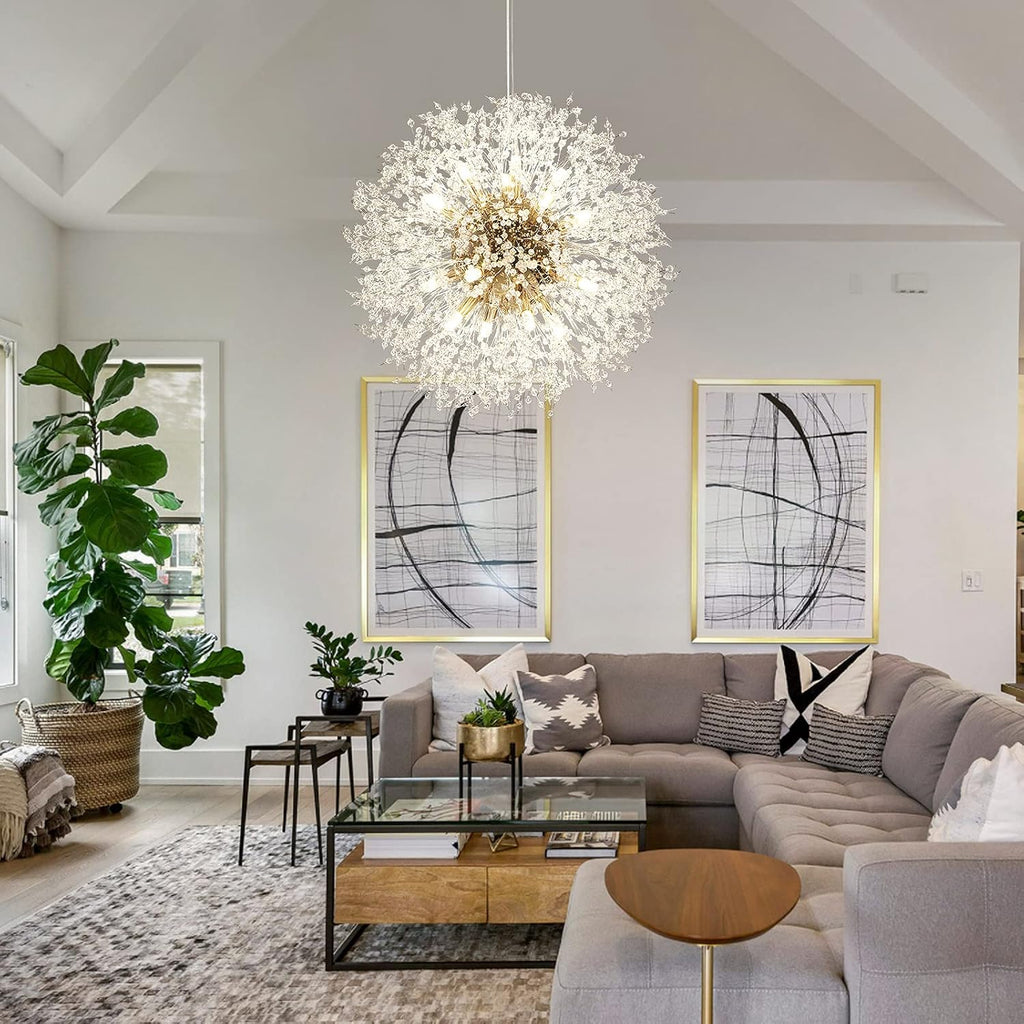 Lingkai 23.6' Gold Modern Crystal Chandeliers Firework, Bubble Chandelier Lighting for Bathroom Dining Room Bedroom Kitchen Island Living Room Light Fixture, 16-Light Gold Hanging Round Chandalier