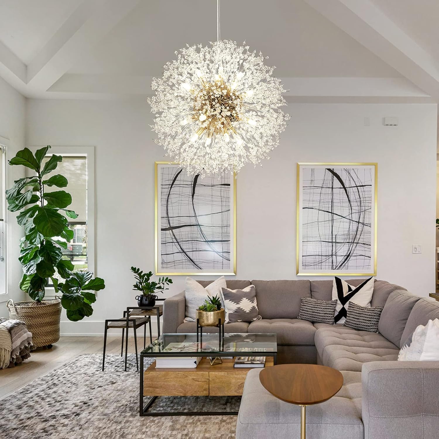 Lingkai 23.6' Gold Modern Crystal Chandeliers Firework, Bubble Chandelier Lighting for Bathroom Dining Room Bedroom Kitchen Island Living Room Light Fixture, 16-Light Gold Hanging Round Chandalier