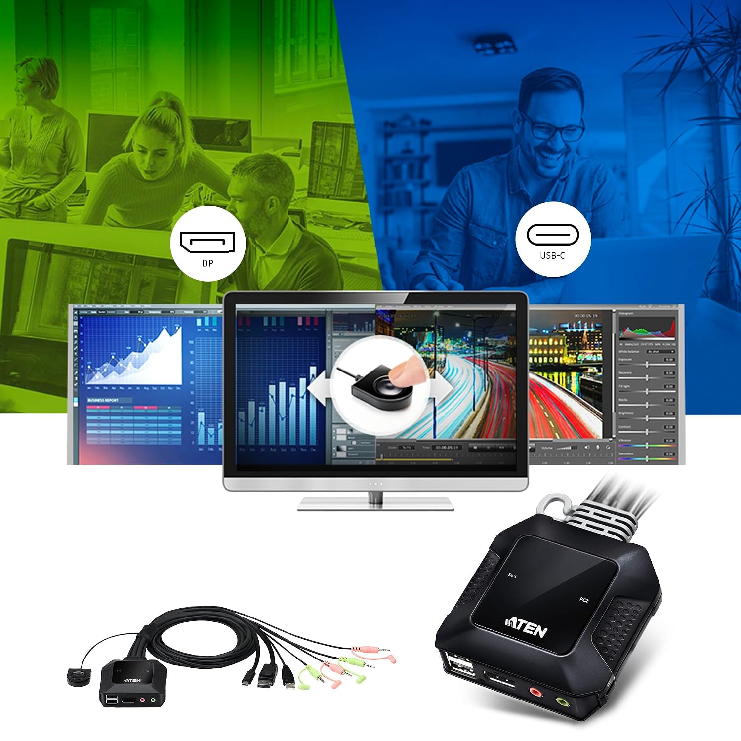 ATEN CS52DP 2-Port USB-C DisplayPort Hybrid Cable KVM Switch with 2m DisplayPort rev.1.4 Cable 2L-7D02DP