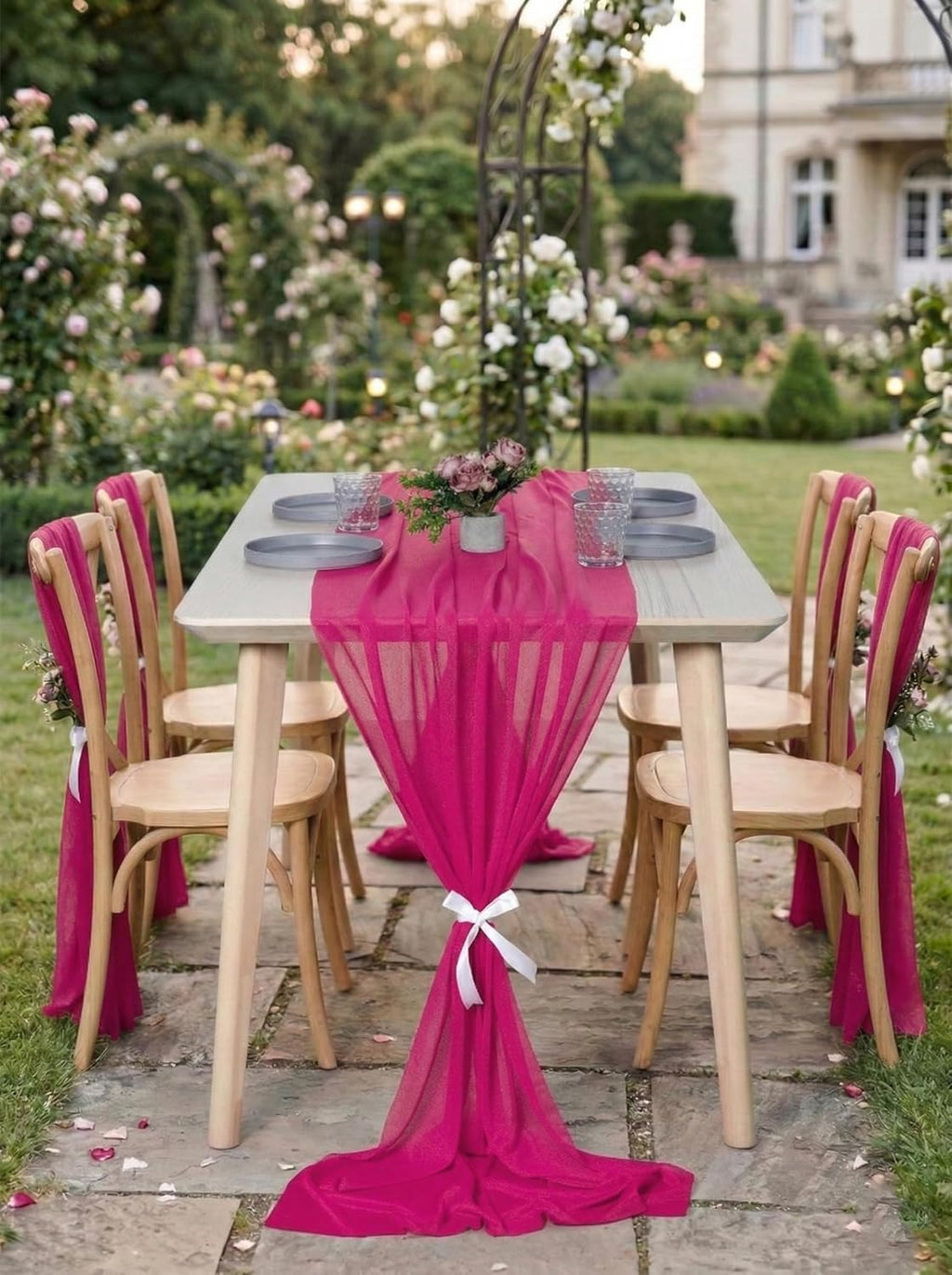 MDS® Pack of 15, 14ft Chiffon Table Runner 29 x 170 Inches, Sheer Wedding Runner Romantic Rustic Table Runner for Wedding Decoration, Birthday Party, Bridal Shower, Party Arch Décor - Hot Pink