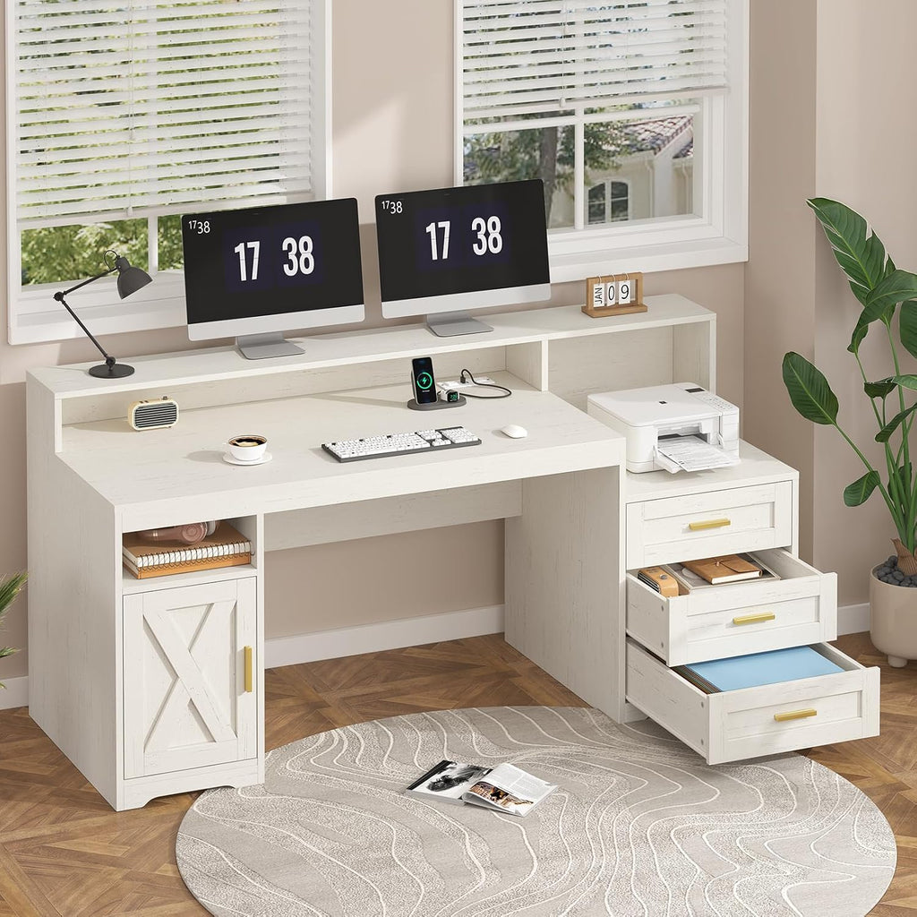 TVU Farmhouse Computer Desk with Drawers, 65'' Home Office Desk with Power Outlets, Storage Cabinet and Printer Stand, Study Writing Desks with Long Monitor Stand, White