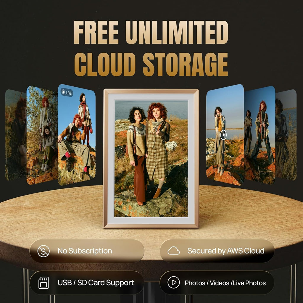 ARZOPA Metal Digital Picture Frame 14 Inch Free Cloud Storage No Subscription FHD IPS Anti-Glare Touchscreen Load Photos Videos from Phone Exquisite Decoration Ideal for Gifting - D14 Champagne Gold