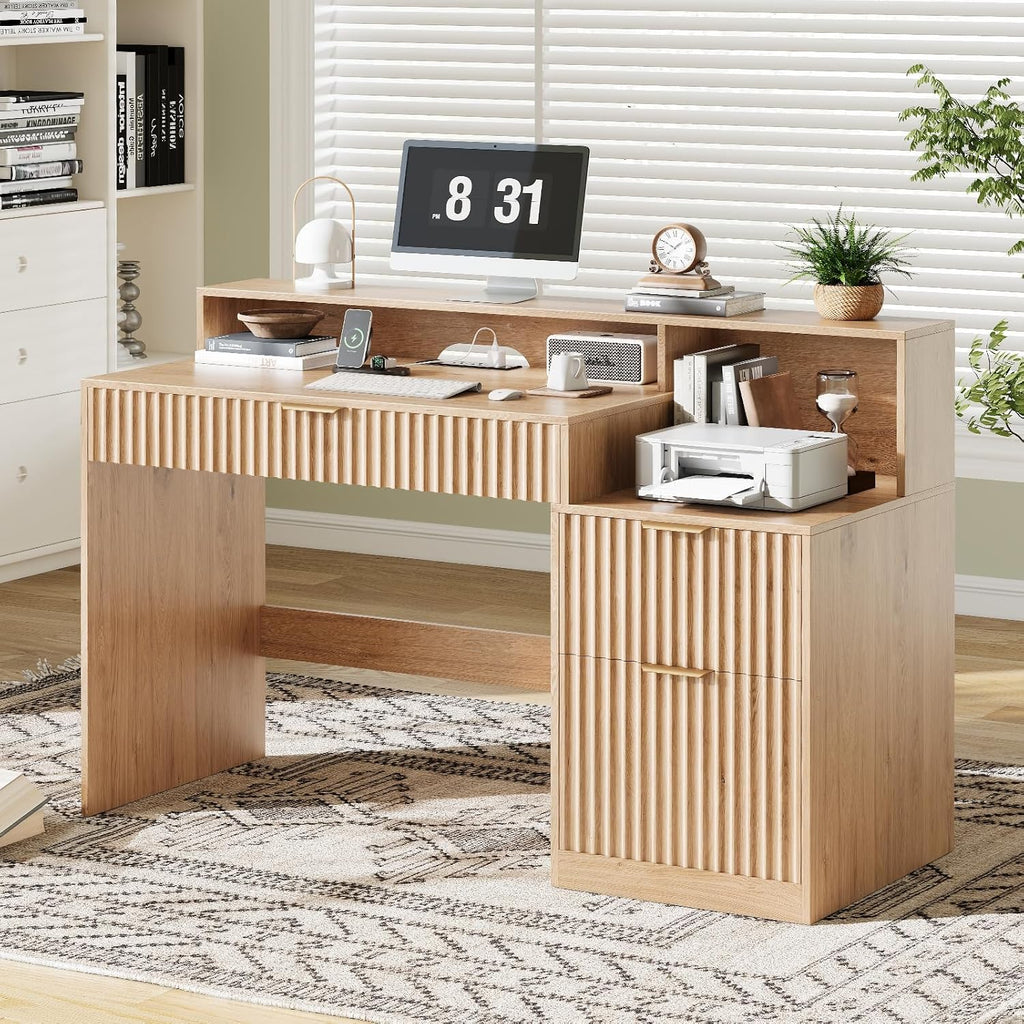 Vabches Fluted Computer Desk with Drawers, Home Office Desk with Power Outlets, Printer Stand and Storage Cabinet, Study Writing Desks with Long Monitor Stand, Oak