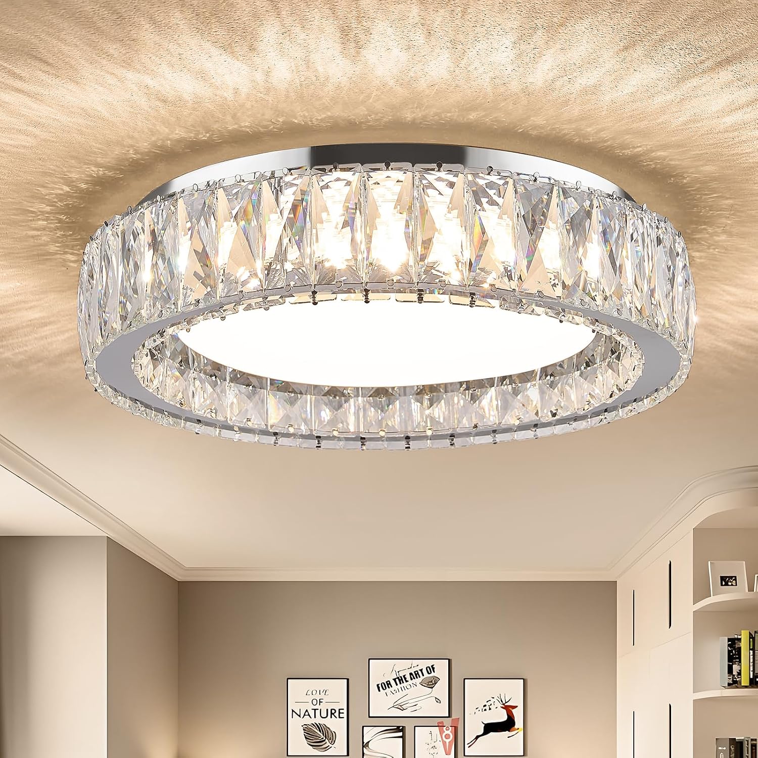 15 Inch Modern Chrome Crystal Flush Mount Chandelier,Dimmable LED 5CCT 3000K-6000K 36W,Large Round Luxury Close to Ceiling Light Fixtures for Living Room,Bedroom,Kitchen,Dining Room