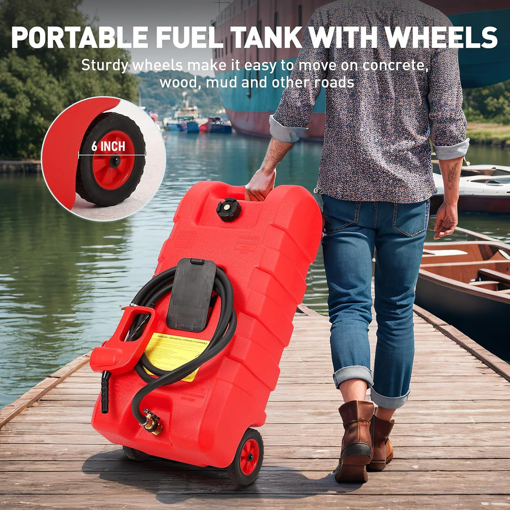 15 Gallon Fuel Tank, Gas Can Portable Container with LE Fluid Transfer Siphon Pump & 10ft Delivery Hose, Diesel Storage Caddy On-Wheels for Cars, Lawn Mowers, ATVs, Boats, etc., Red