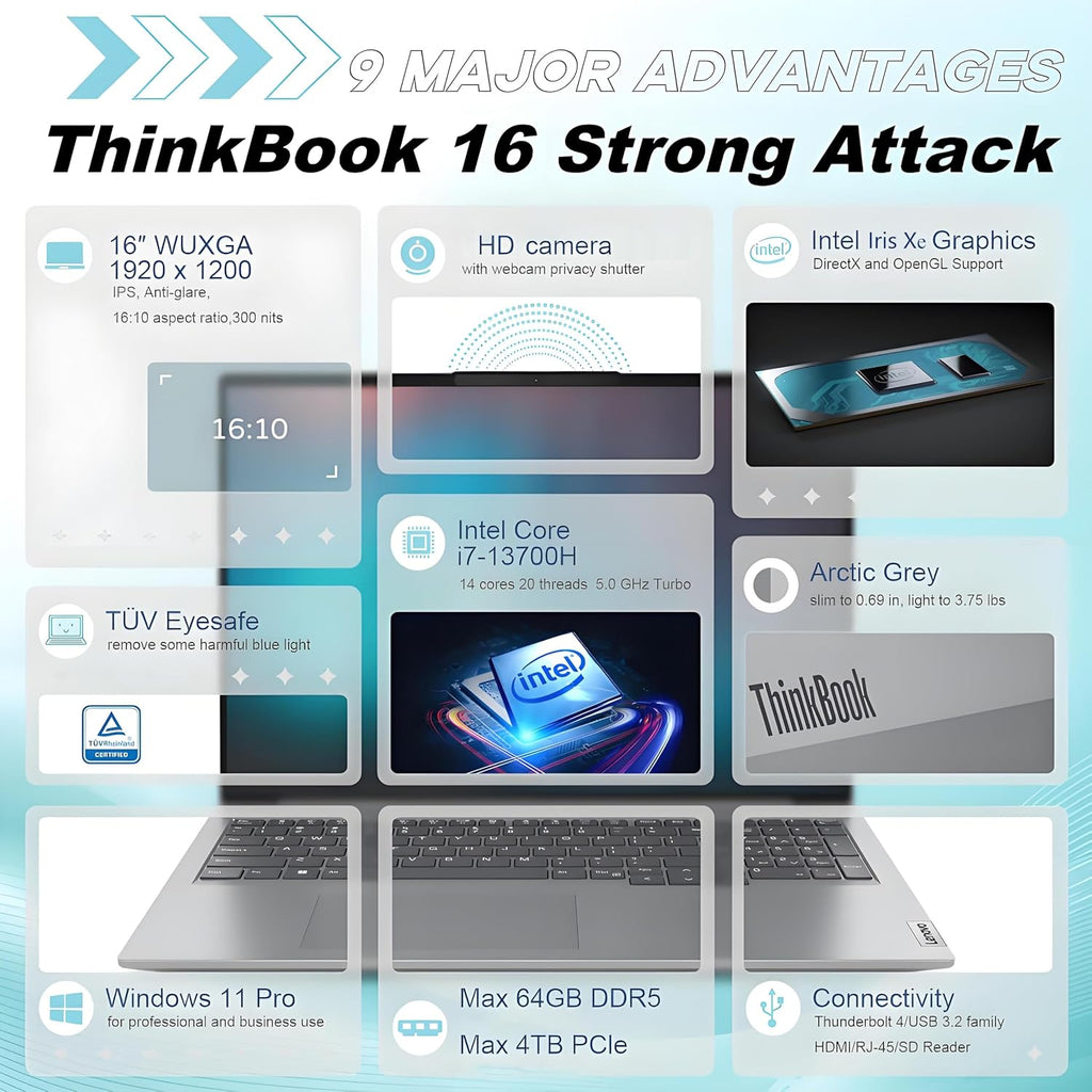 Lenovo 16' FHD Business and Student Laptop Computer, Lifetime Office 365, 13th Gen Intel 14-Core i7-13700H, 8GB DDR5 RAM, 512GB PCIe SSD, WiFi, Fingerprint Reader, Thunderbolt 4, Windows 11 Pro, Gray