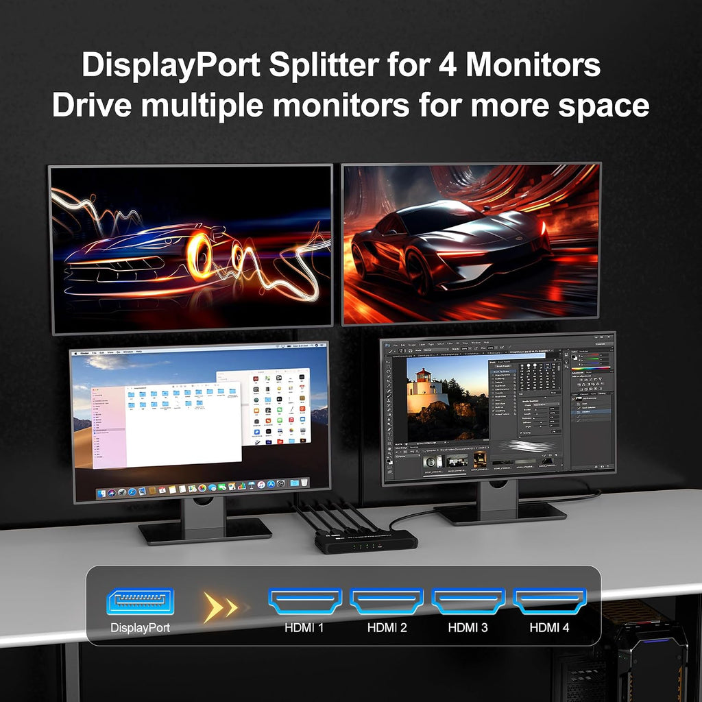 DisplayPort to HDMI Splitter for 4 Monitors, 8K@60Hz HDMI Splitter Extended Display 1 DP in 4 HDMI Out DisplayPort MST Hub for Multiple Monitor, Compatible with Computer, Graphic Card, PC