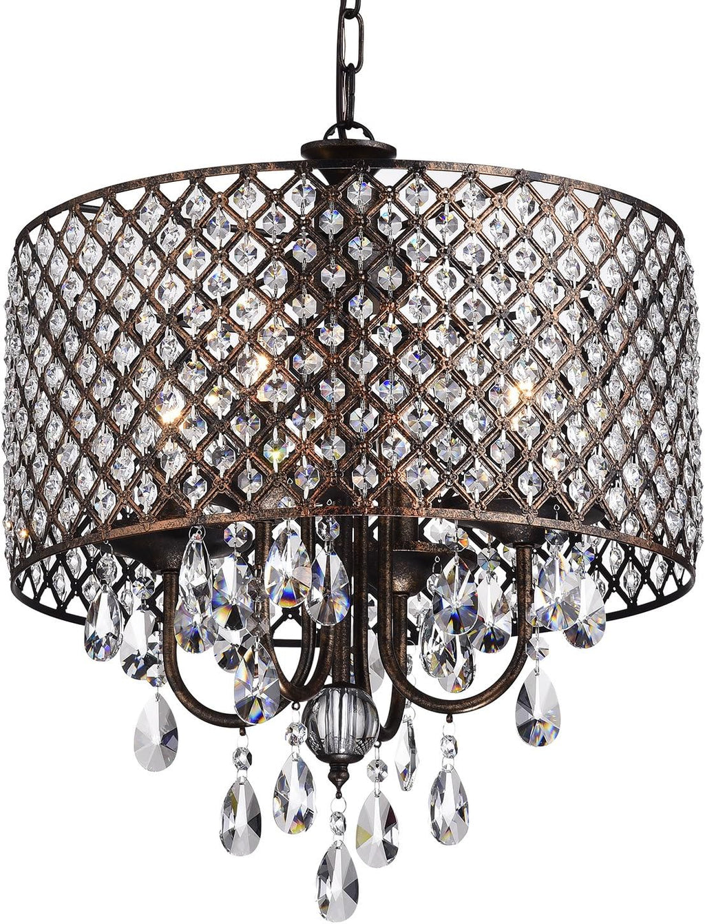 Edvivi Marya Drum Crystal Chandelier, 4 Lights Glam Lighting Fixture, Antique Copper Finish, Adjustable Ceiling Light with Round Crystal Drum Shade for Living Room, Bedroom, Kitchen