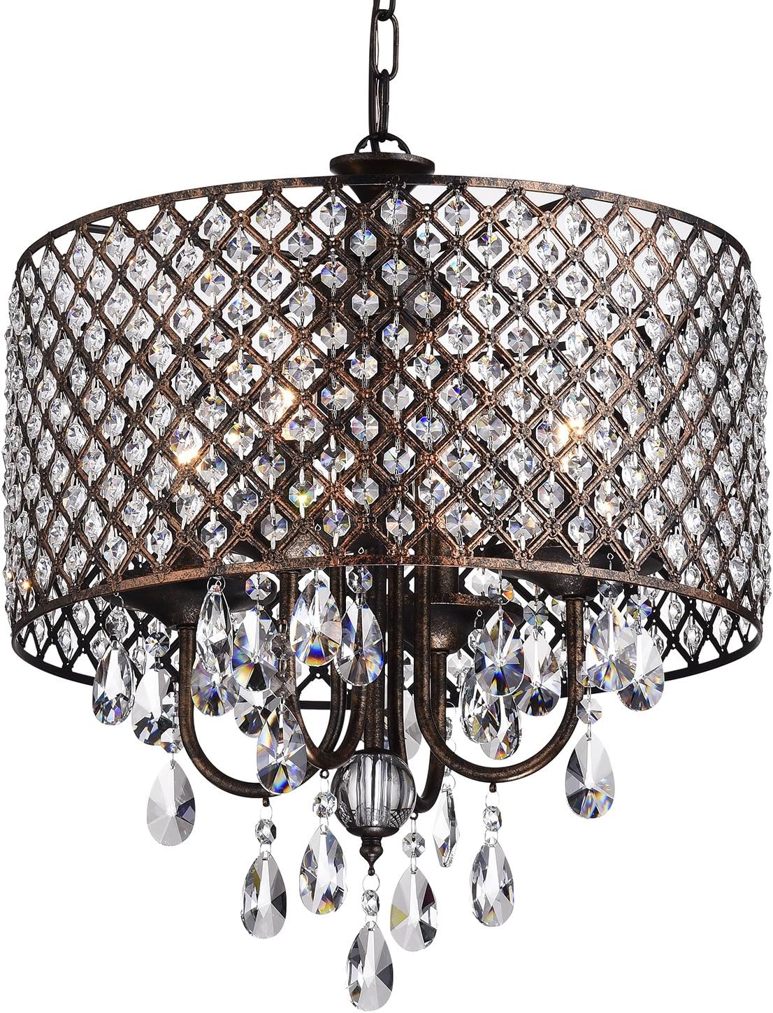 Edvivi Marya Drum Crystal Chandelier, 4 Lights Glam Lighting Fixture, Antique Copper Finish, Adjustable Ceiling Light with Round Crystal Drum Shade for Living Room, Bedroom, Kitchen