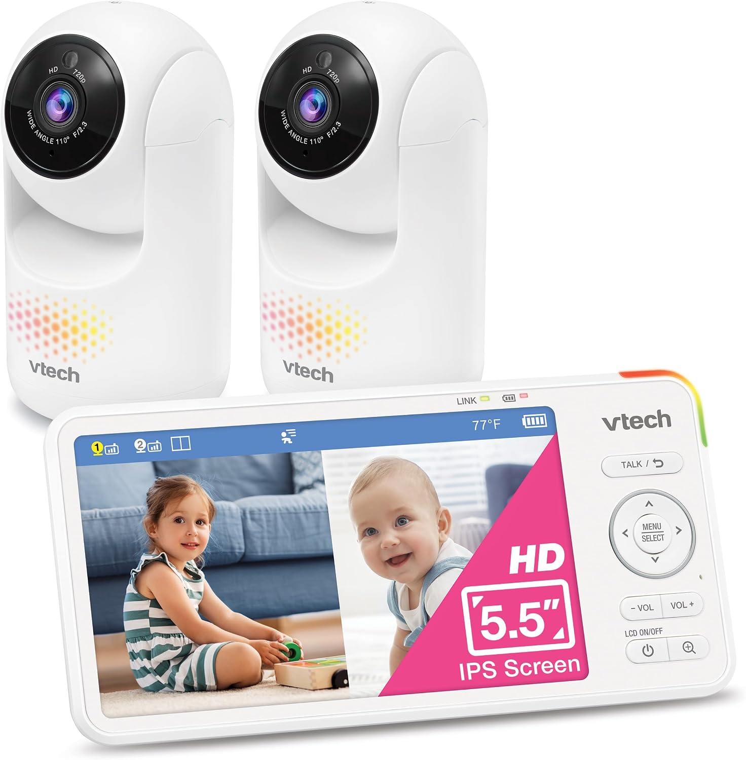 VTech Baby Monitor with 2 Cameras No WiFi & 5.5' IPS Split Screen, Remote Pan Tilt Zoom – 13Hr Video Battery, 1000ft Range, Night Vision, Night Light, Two-Way Talk | Advanced HD Plus Twin