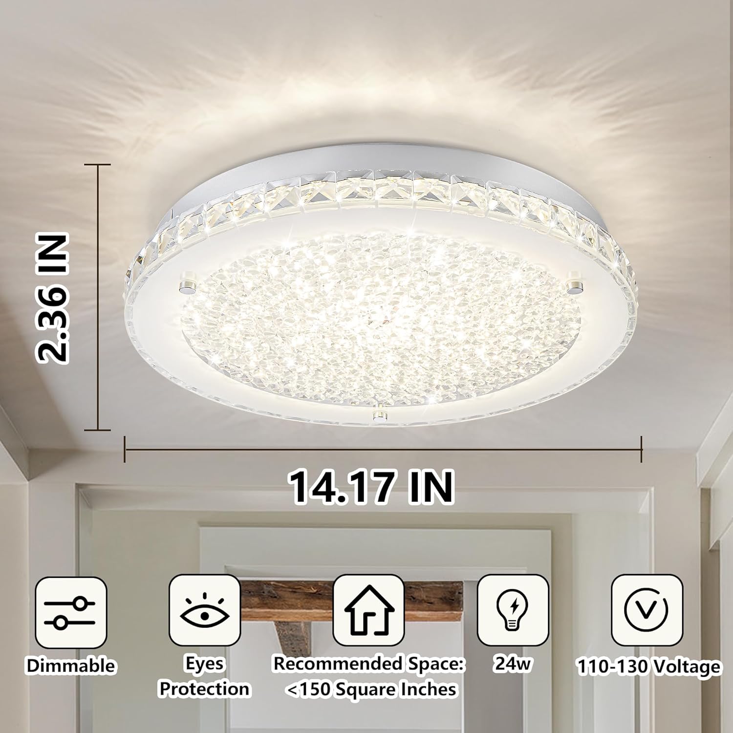 Crystal Ceiling Light Fixture LED Crystal Flush Mount Ceiling Light Dimmable LED Flush Mount Chandelier Light for Hallway, Bathroom, Laundry, Dining Room, Round, 4000K, 24W, 2640LM, 14'