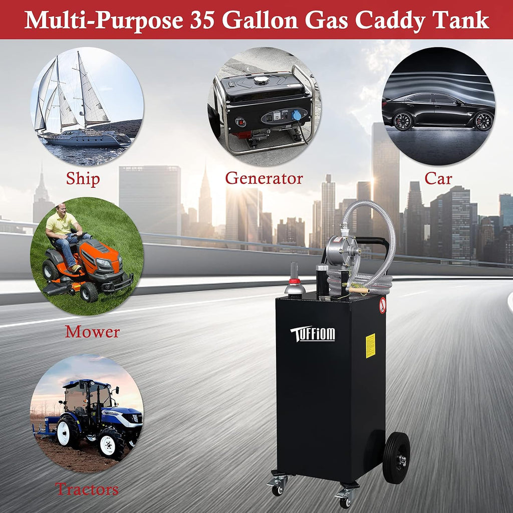 TUFFIOM 35 Gallon Fuel Gas Caddy w/Wheels & Manual Siphon Pump, Portable Diesel Fuel Transfer Storage Tank w/11.9ft Hose, Gasoline Can Container for ATV Car Mowers Tractor Boat Motorcycle