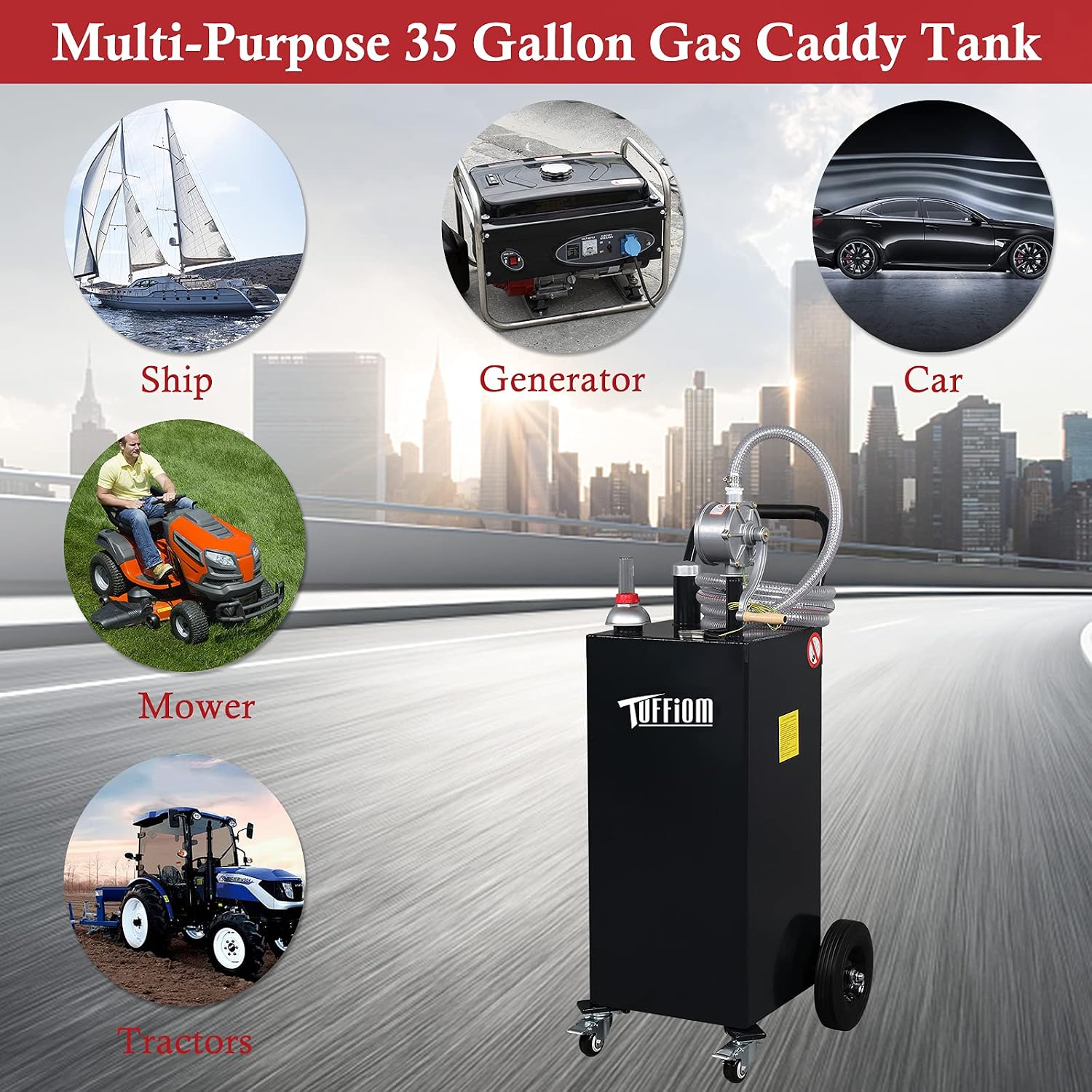 TUFFIOM 35 Gallon Fuel Gas Caddy w/Wheels & Manual Siphon Pump, Portable Diesel Fuel Transfer Storage Tank w/11.9ft Hose, Gasoline Can Container for ATV Car Mowers Tractor Boat Motorcycle