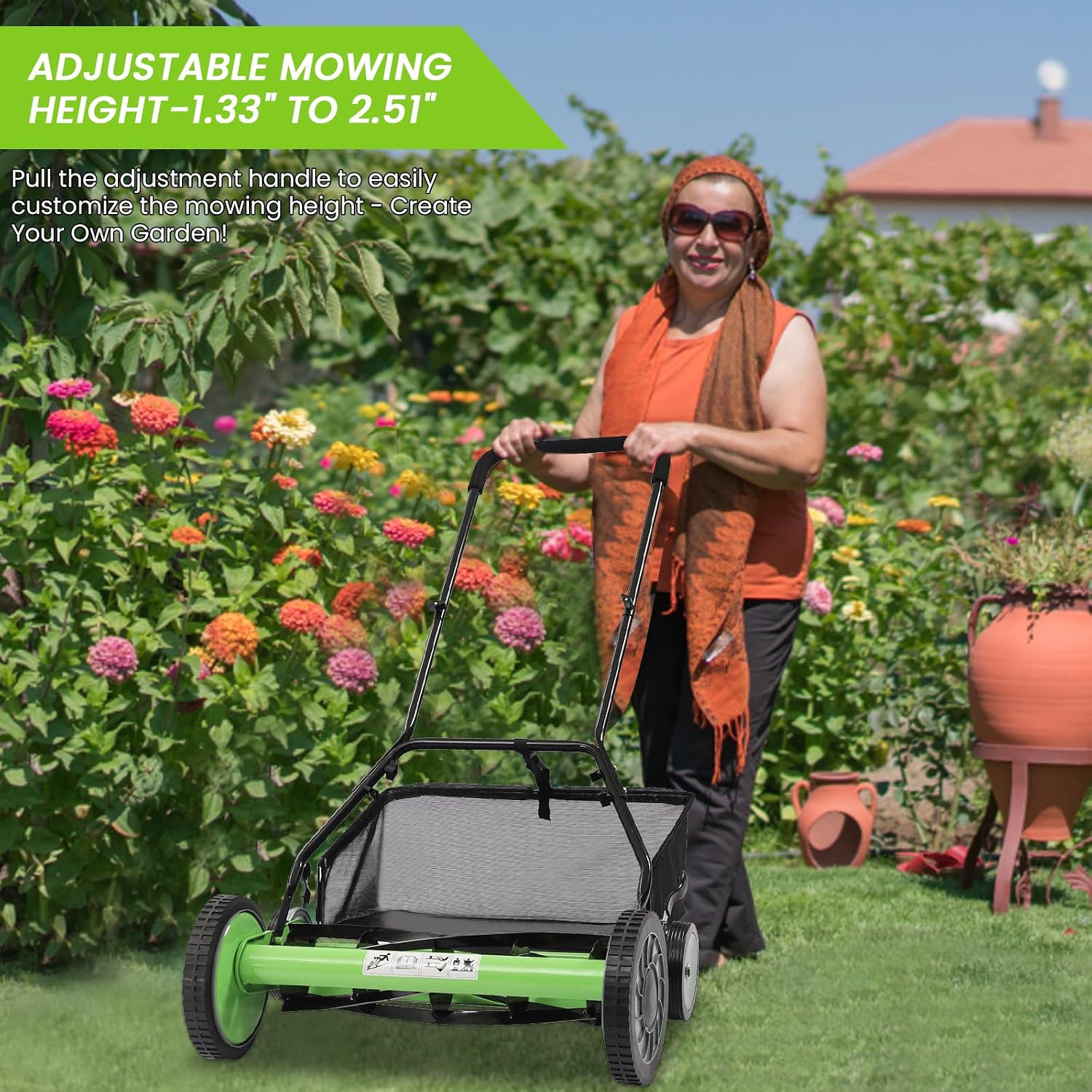 Push Mower Manual, 20 Inch 5-Blade Reel Mower with Grass Catcher, Adjustable Height