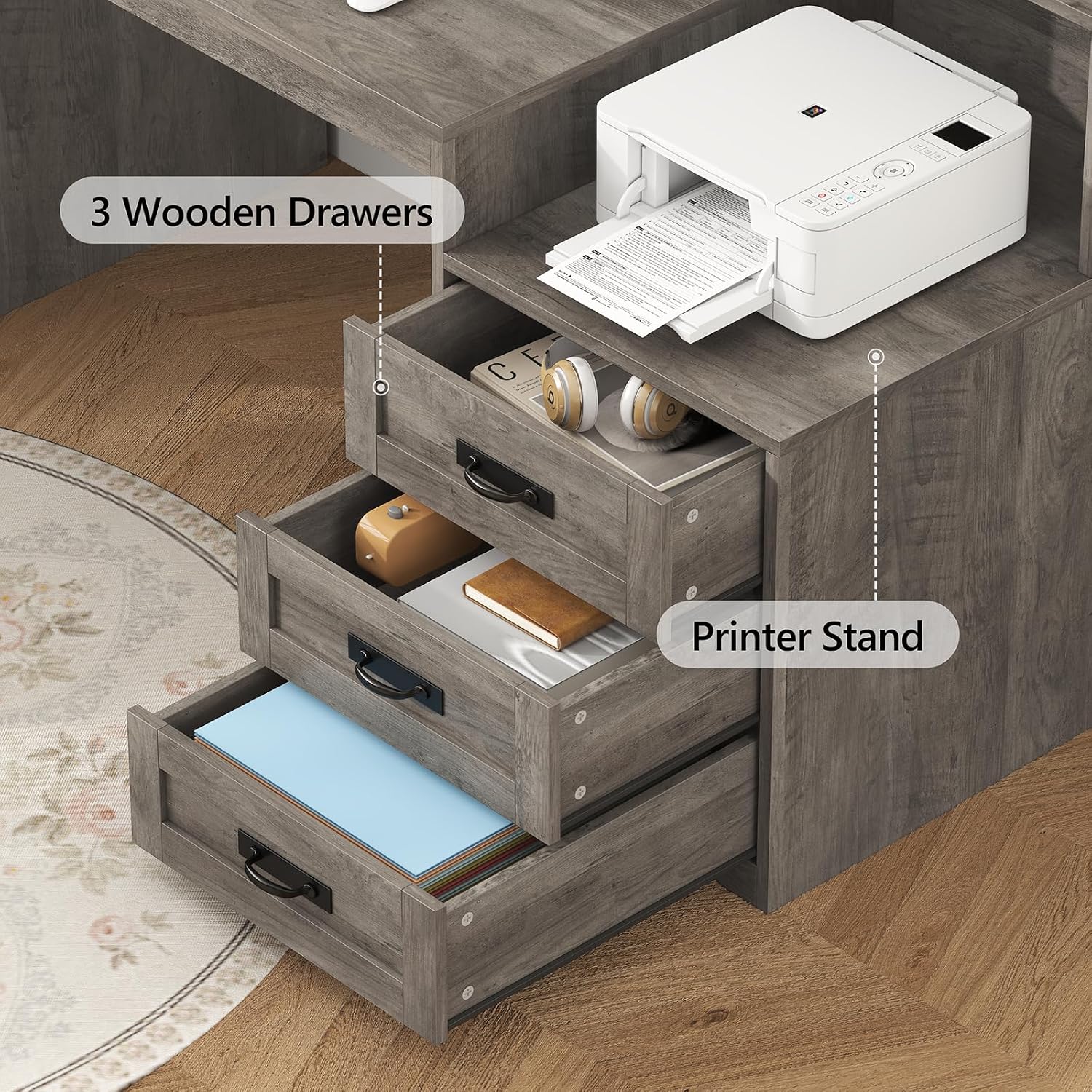 TVU Farmhouse Computer Desk with Drawers, 65'' Home Office Desk with Power Outlets, Storage Cabinet and Printer Stand, Study Writing Desks with Long Monitor Stand, Grey