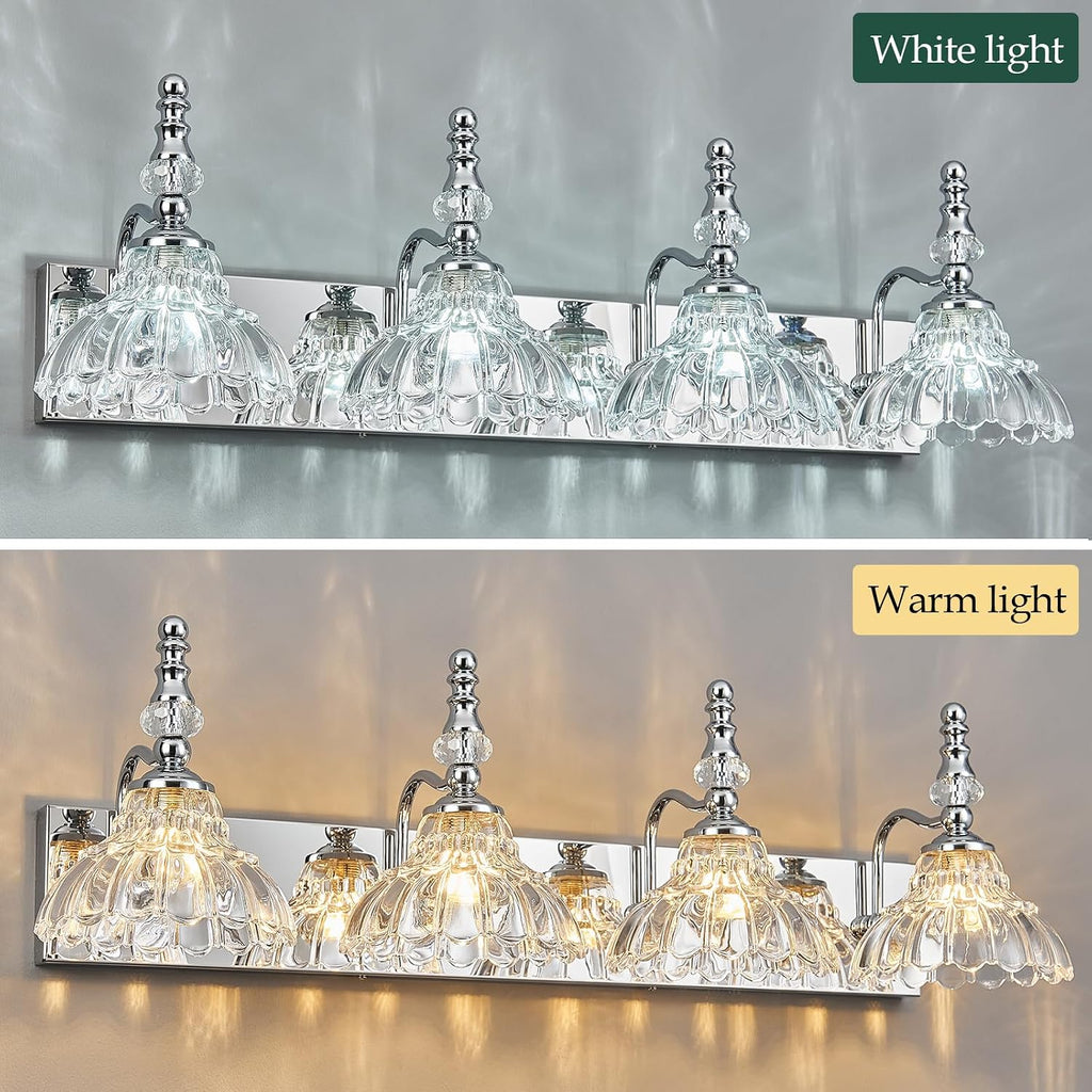 Vintage Bathroom Vanity Light, 4-Light Chrome Vanity Lighting Fixture with Flower Glass Shade, Bathroom Lighting Fixtures Over Mirror