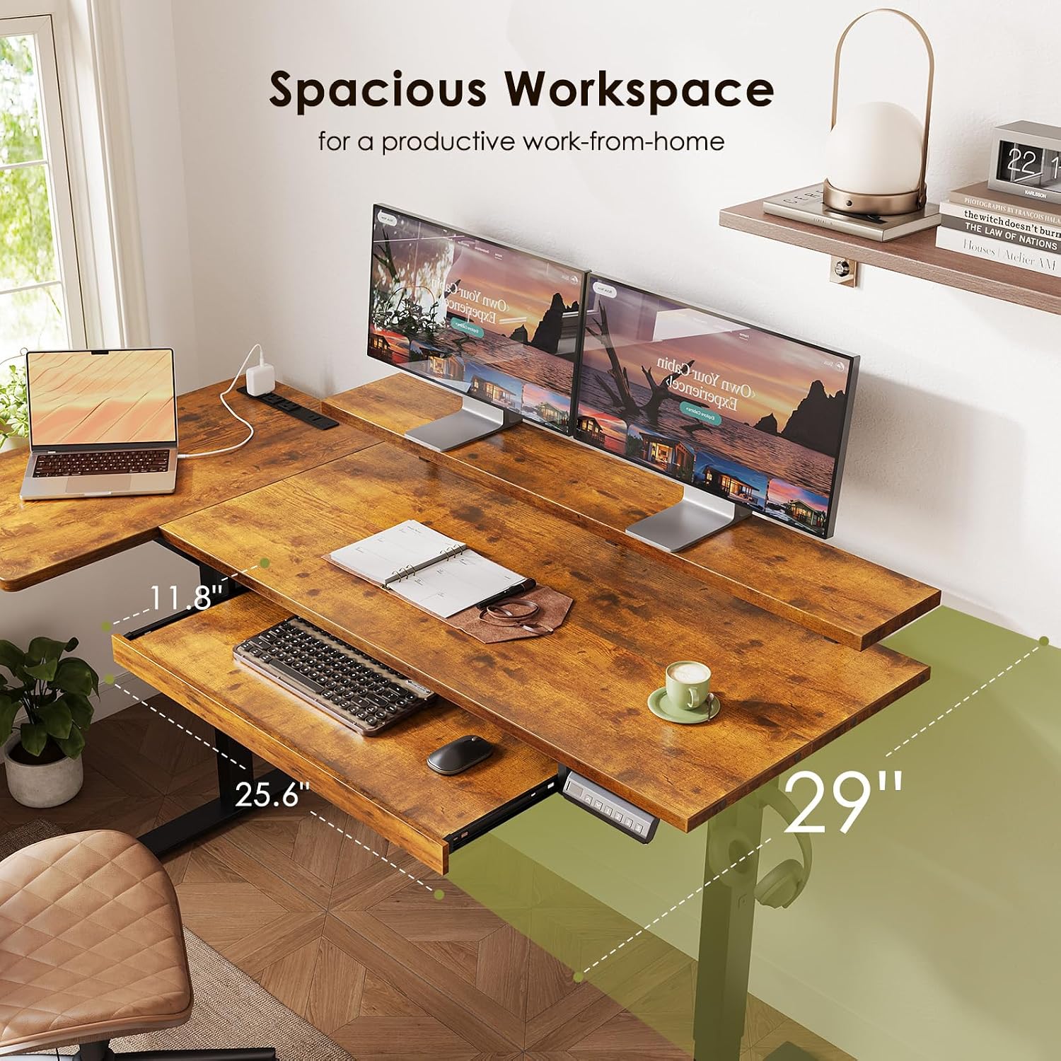 OffiGo 55 Inch L Shaped Electric Standing Desk with Keyboard Tray, Reversible Height Adjustable Corner Computer Desk with Monitor Stand, Sit Stand Up Lift Table for Home, Office, Rustic Brown