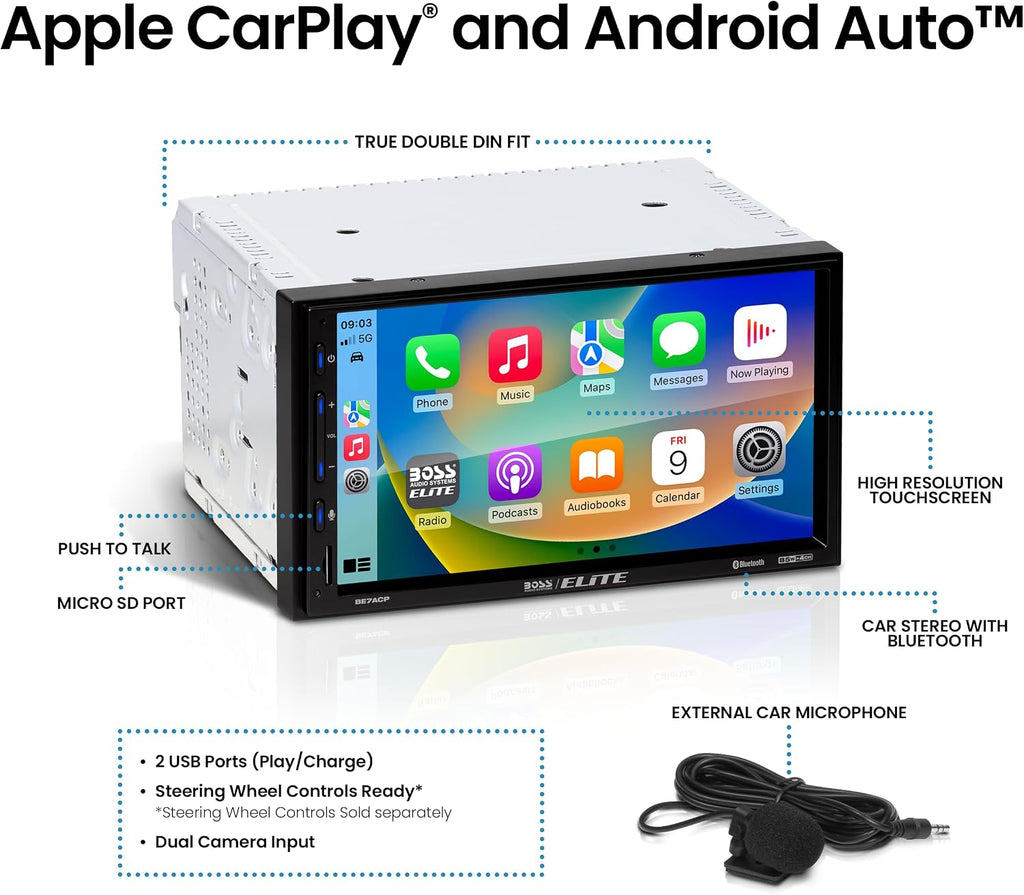 BOSS Audio Systems Elite BE7ACP Car Stereo - 7' Display, Apple CarPlay & Android Auto Head Unit, Double DIN Touch Screen Car Stereo, Bluetooth, AM/FM Radio Receiver, USB, SD, No CD/DVD Player