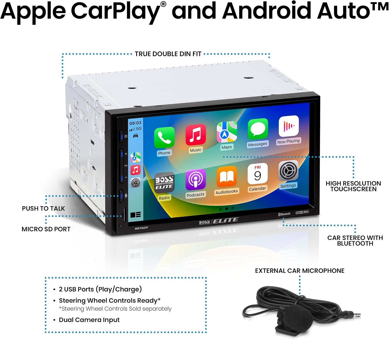 BOSS Audio Systems Elite BE7ACP Car Stereo - 7' Display, Apple CarPlay & Android Auto Head Unit, Double DIN Touch Screen Car Stereo, Bluetooth, AM/FM Radio Receiver, USB, SD, No CD/DVD Player